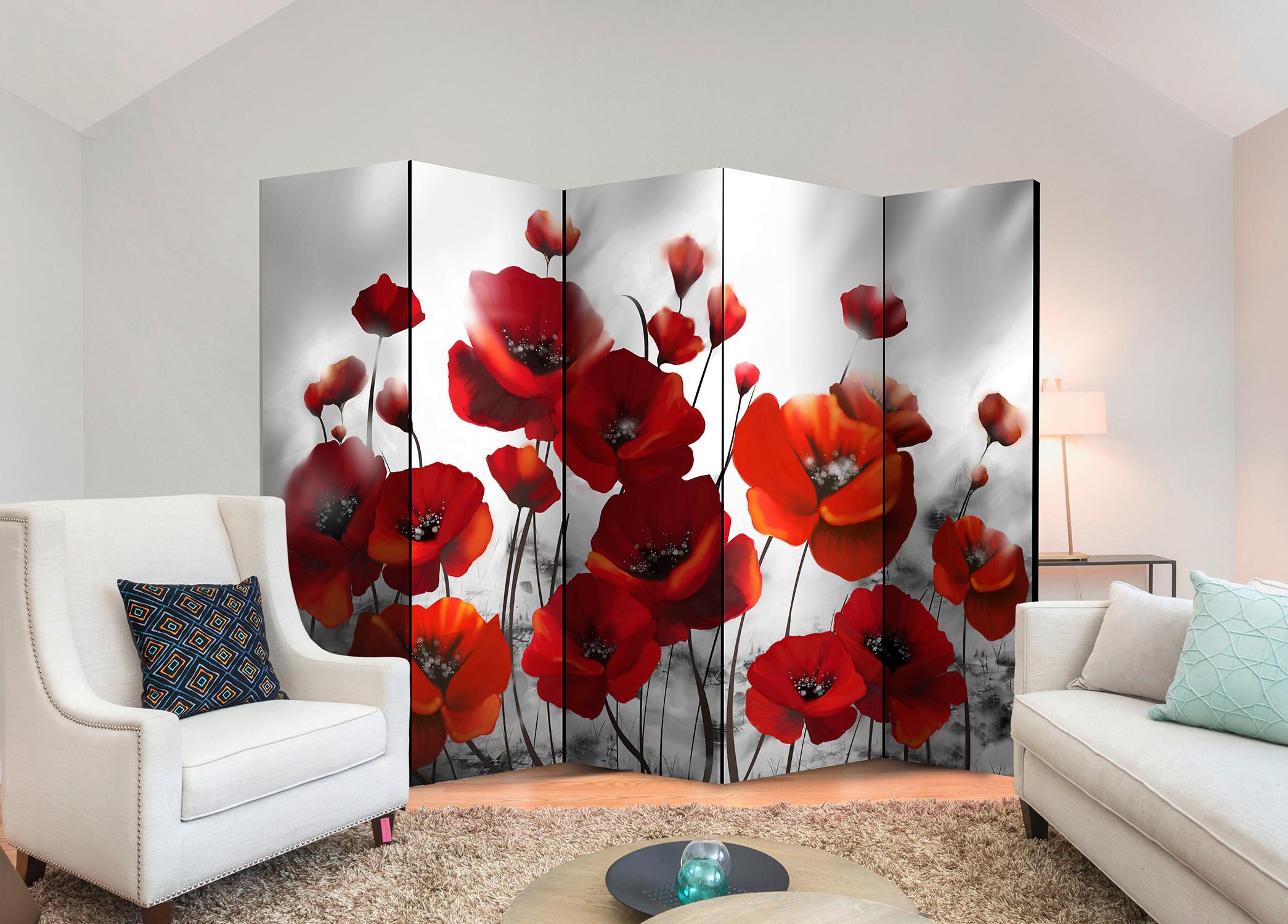 Paravan Poppies I, 5-Delni, Dvostranski - rdeča/svetlo siva, Basics, tekstil/les (225/172/3cm) - artgeist