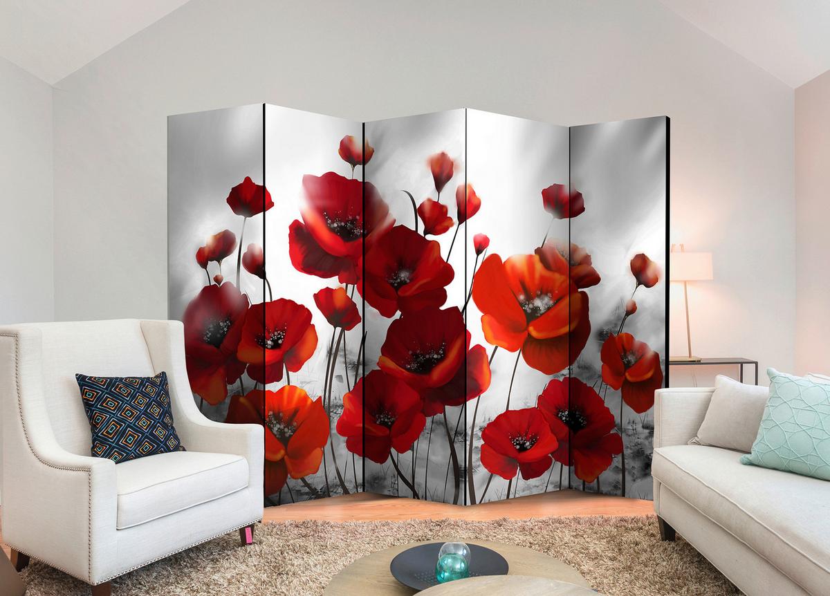 Paravan Poppies I, 5-Delni, Dvostranski - rdeča/svetlo siva, Basics, tekstil/les (225/172/3cm) - artgeist