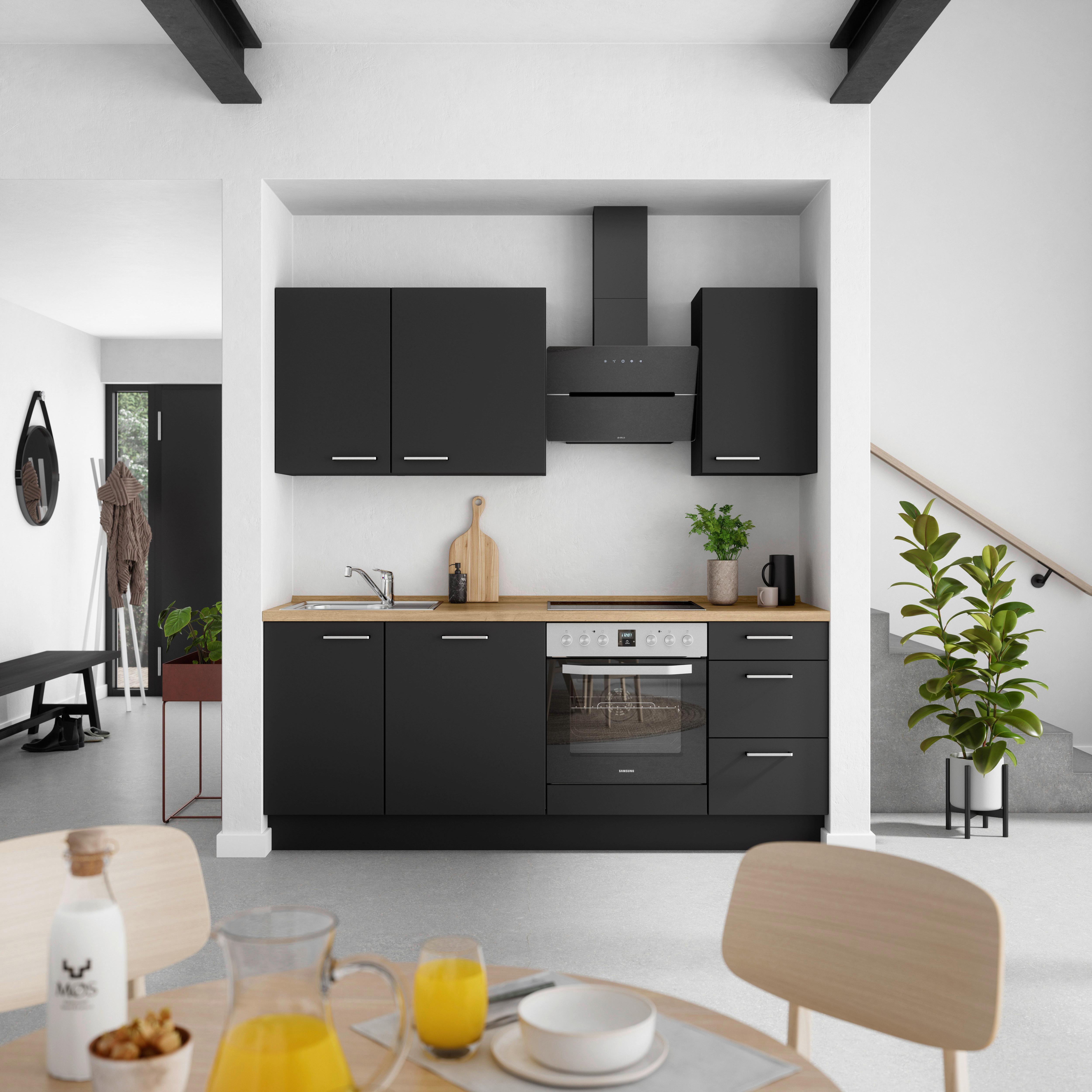 Küchenblock Touch High m. Geräten Schwarz - Edelstahlfarben/Eichefarben, MODERN, Holzwerkstoff/Metall (210cm) - Nobilia