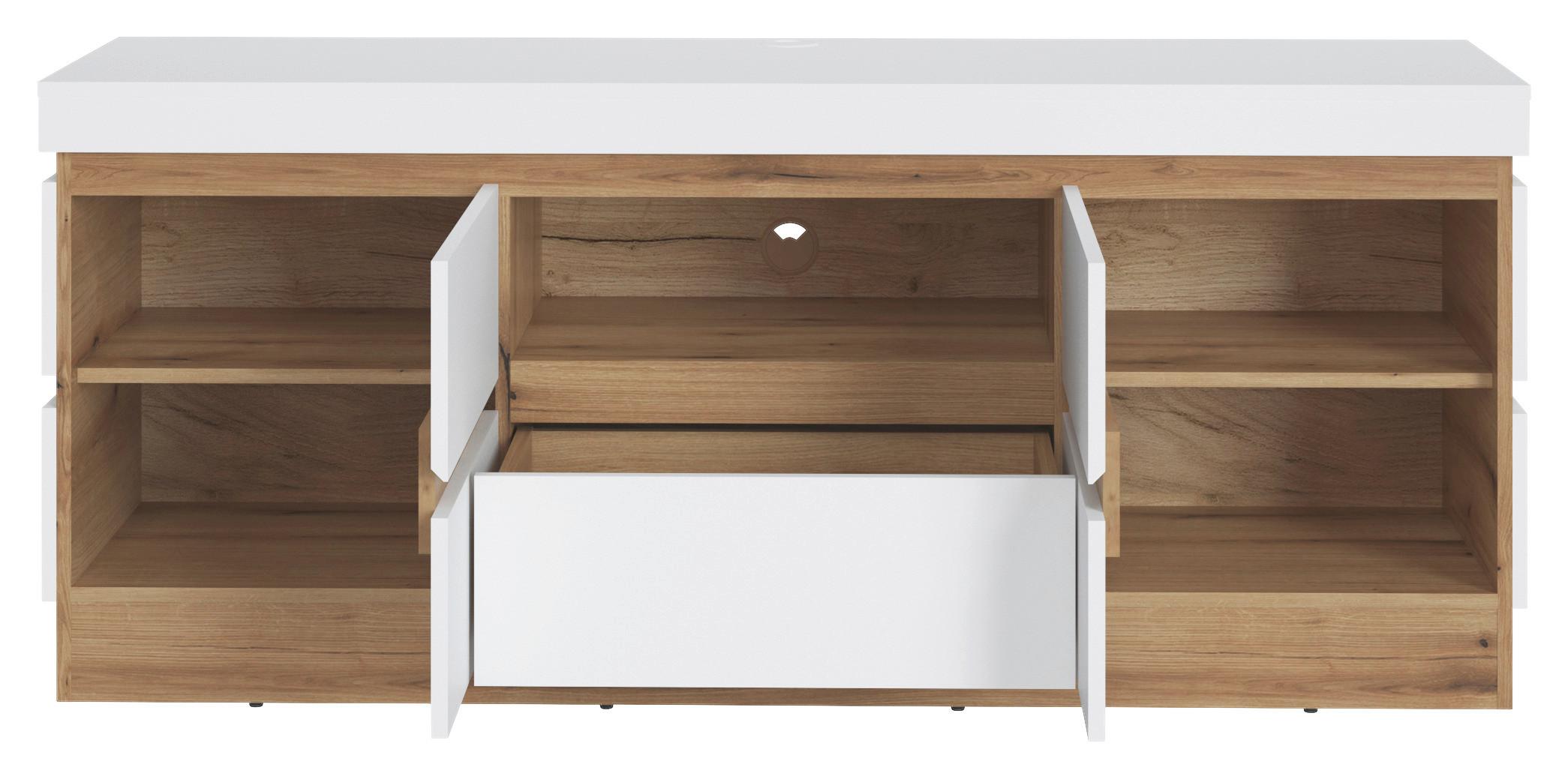 Comodă TV CALABRIA - alb/culoare lemn stejar, Trend, material pe bază de lemn (160,8/68/45cm) - Modern Living