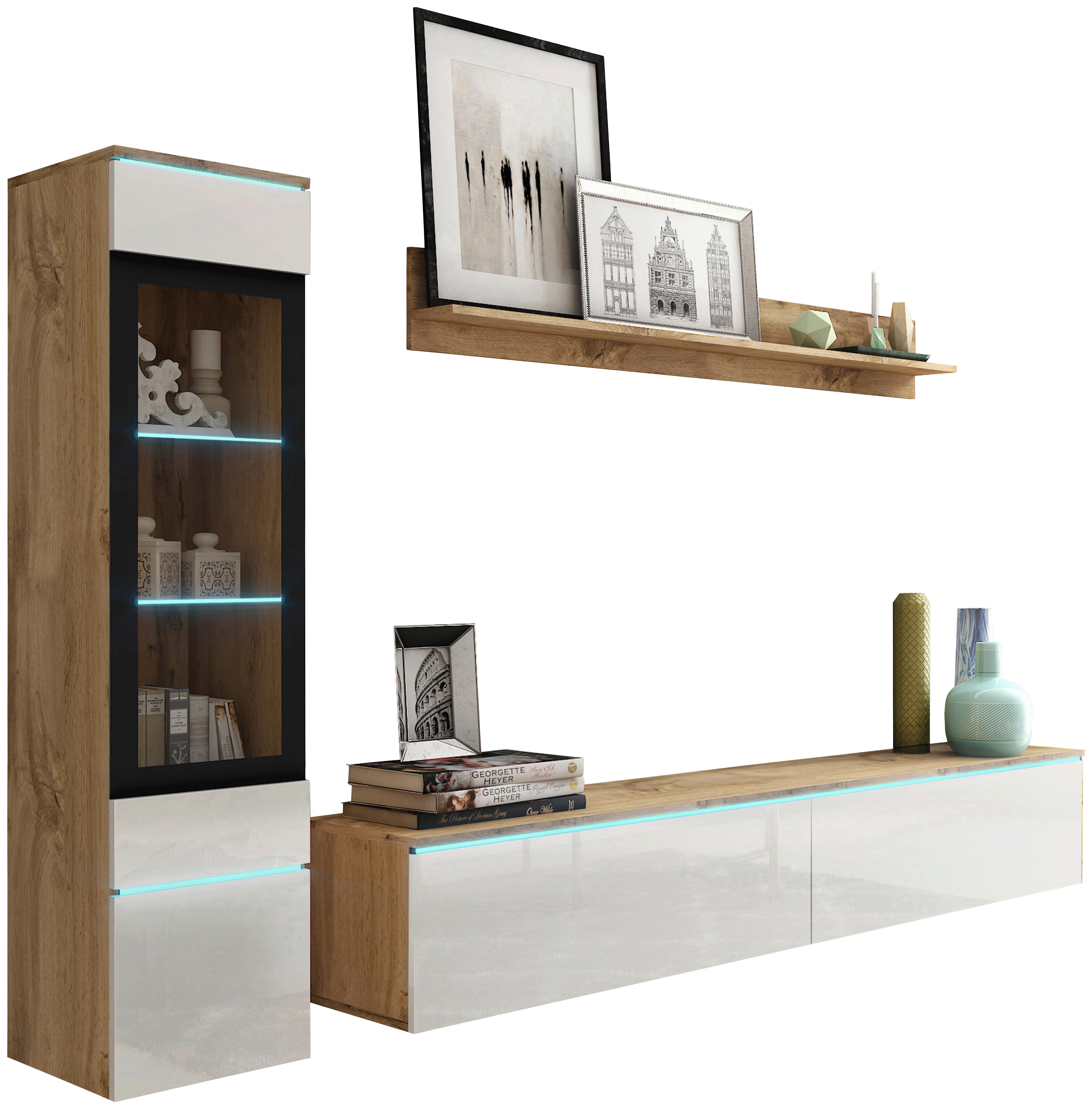 WOHNWAND VERA | EICHE WOTAN/WEISS HG. - Weiß Hochglanz/Eiche Wotan, LIFESTYLE, Glas/Holzwerkstoff (210/130/33cm) - P & B