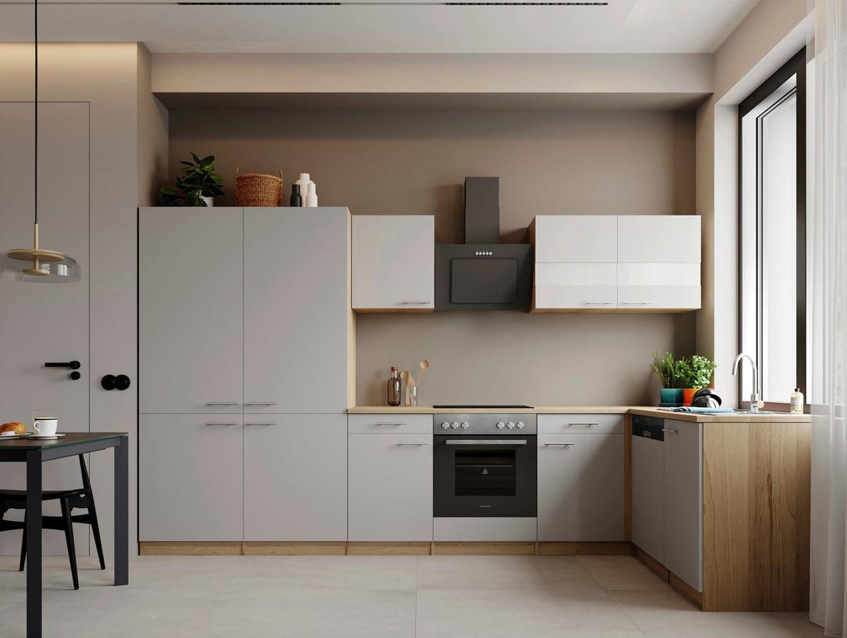 Eckküche Merle m. Geräten ca. 340x172cm Weiß - Edelstahlfarben/Eichefarben, Trend, Holzwerkstoff/Metall (340/172cm) - Respekta
