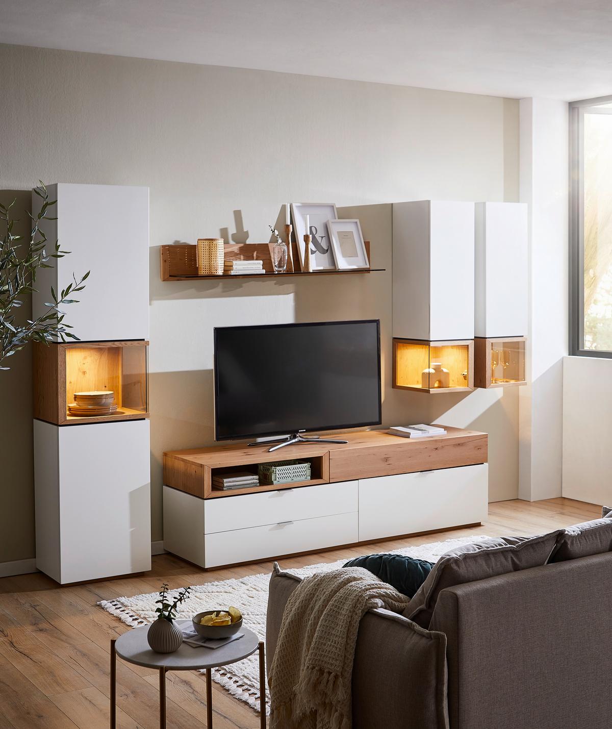 WITRYNA WISZĄCA TIKKAMO - kolor dębowy/biały, Design, materiał drewnopochodny/drewno (36/120/38cm) - Stylife