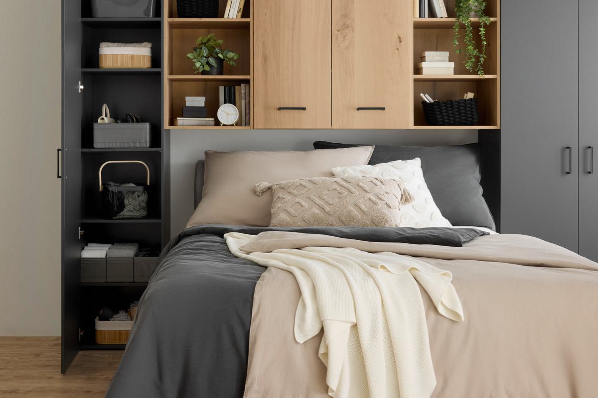 Pat boxspring SEVILLA - gri închis/gri, Konventionell, lemn/textil (180/200cm) - Premium Living