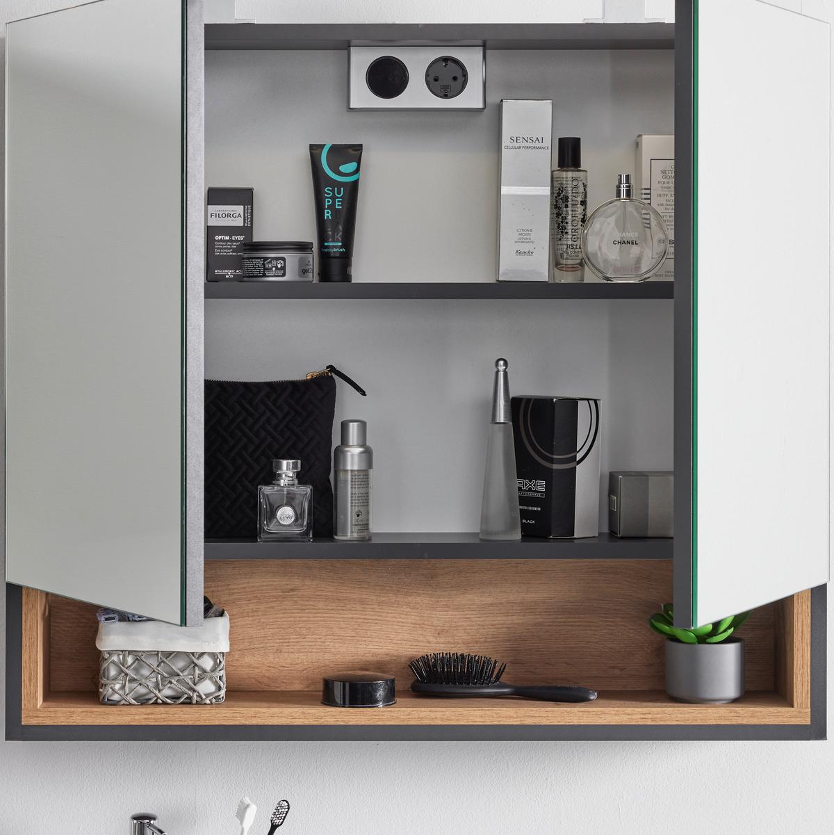 Waschtischkombi "Atlanta" mit Waschbecken & Spiegelschrank - Weiss/Dunkelgrau, Modern, Holz (80/180/50cm) - Bessagi Home