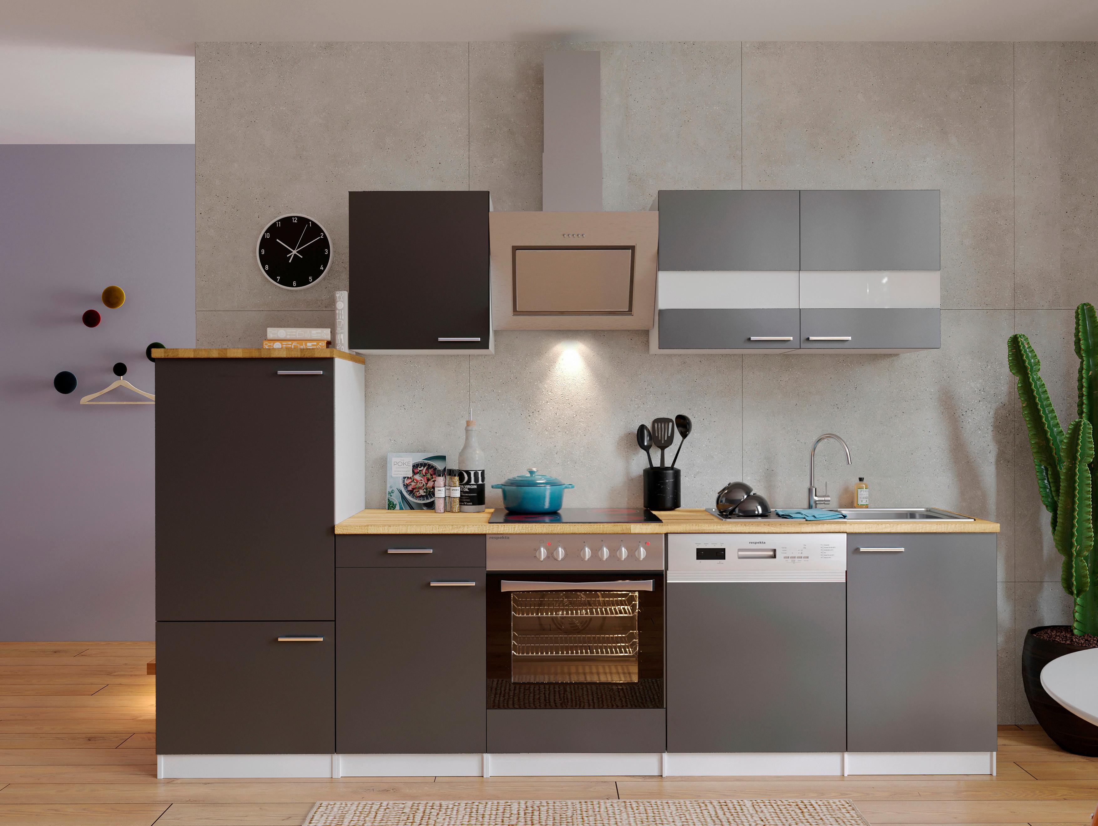 Küchenzeile Economy m. Geräten Grau/Nussbaum B: ca. 280 cm - Edelstahlfarben/Nussbaumfarben, Basics, Holzwerkstoff/Metall (280cm) - Respekta