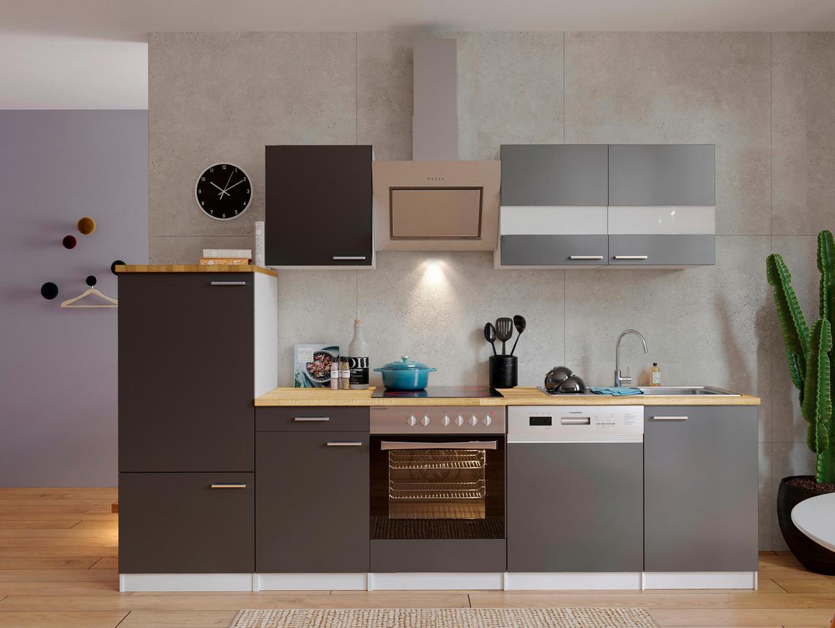 Küchenzeile Economy m. Geräten Grau/Nussbaum B: ca. 280 cm - Edelstahlfarben/Nussbaumfarben, Basics, Holzwerkstoff/Metall (280cm) - Respekta