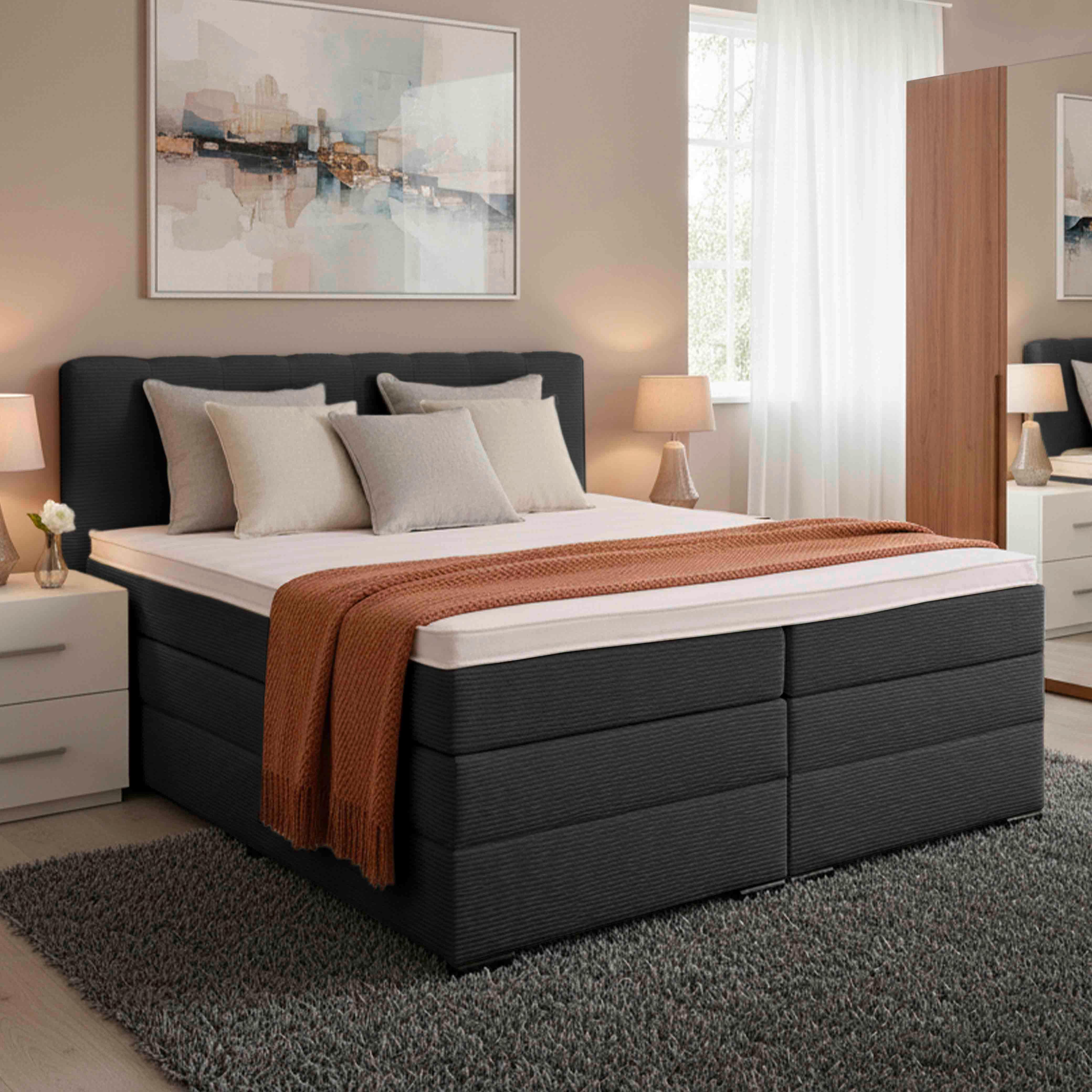 Boxspringbett Malaga ohne Fußteil Schwarz ca. 180x200cm - Silberfarben/Schwarz, KONVENTIONELL, Holzwerkstoff/Kunststoff (180/200cm) - Premium Living