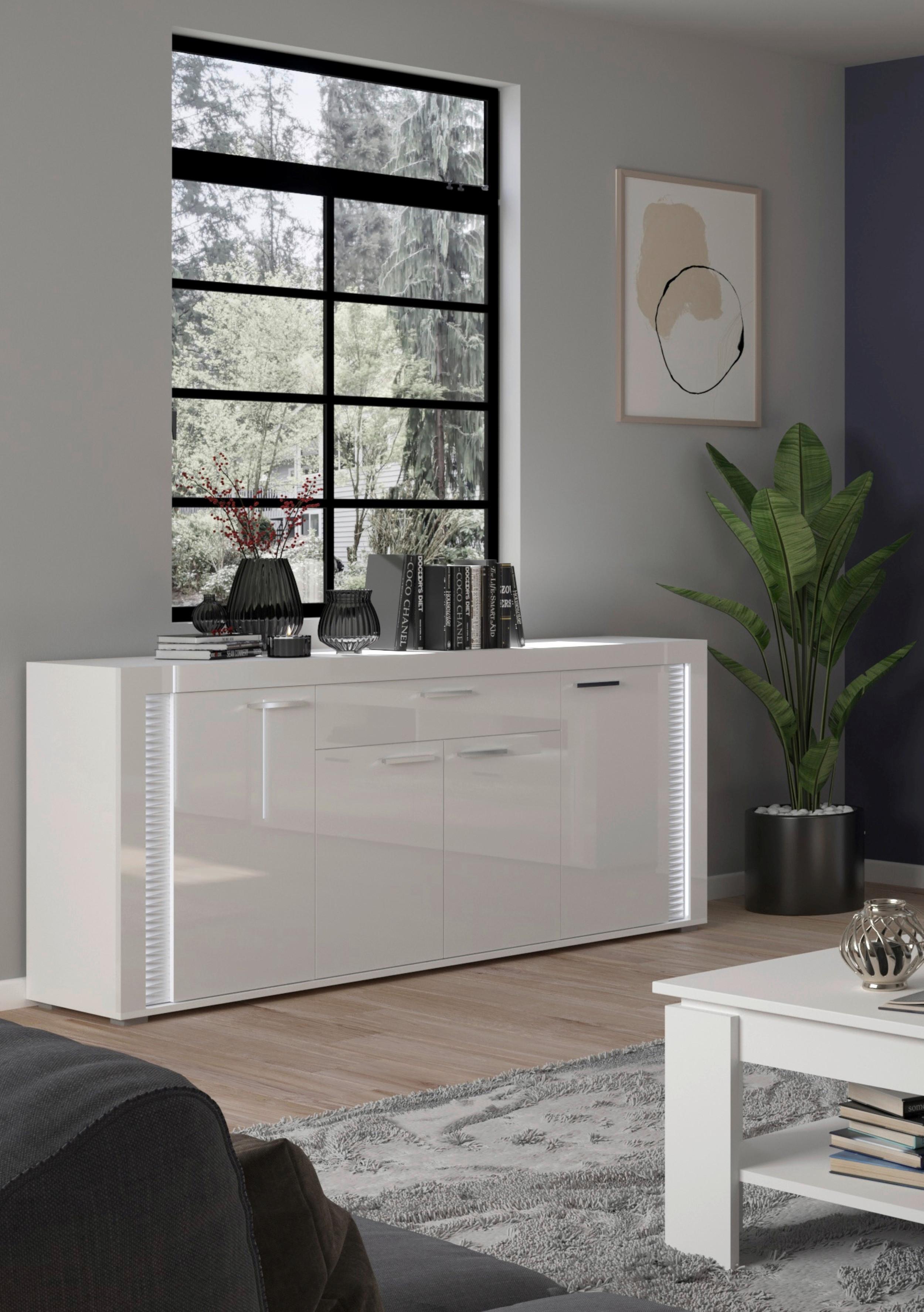 Sideboard Skylight ca. 182x84 cm Weiß hochglanz - Weiß Hochglanz/Silberfarben, Design, Holzwerkstoff/Kunststoff (182/84/42cm) - MID.YOU