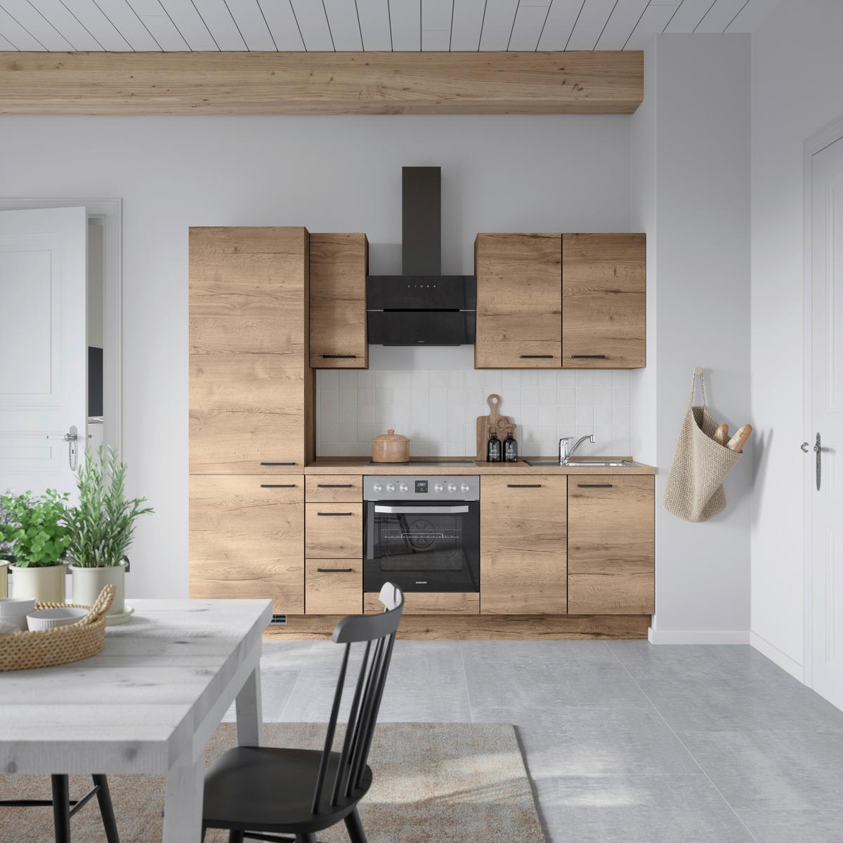 Küchenblock Structura High m. Geräten Eiche dunkel - Eiche dunkel/Schwarz, MODERN, Holzwerkstoff/Metall (240cm) - Nobilia