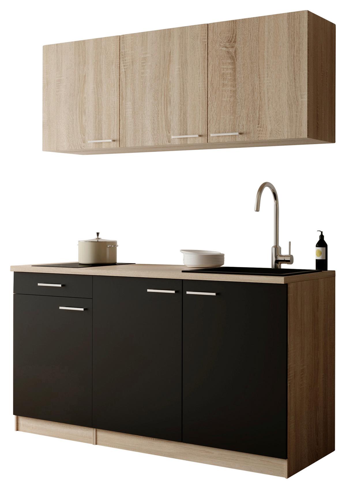 Miniküche Ingrid m. Gerät ca. 150cm Schwarz - Eichefarben/Schwarz, Design, Holzwerkstoff/Kunststoff (150cm) - Respekta