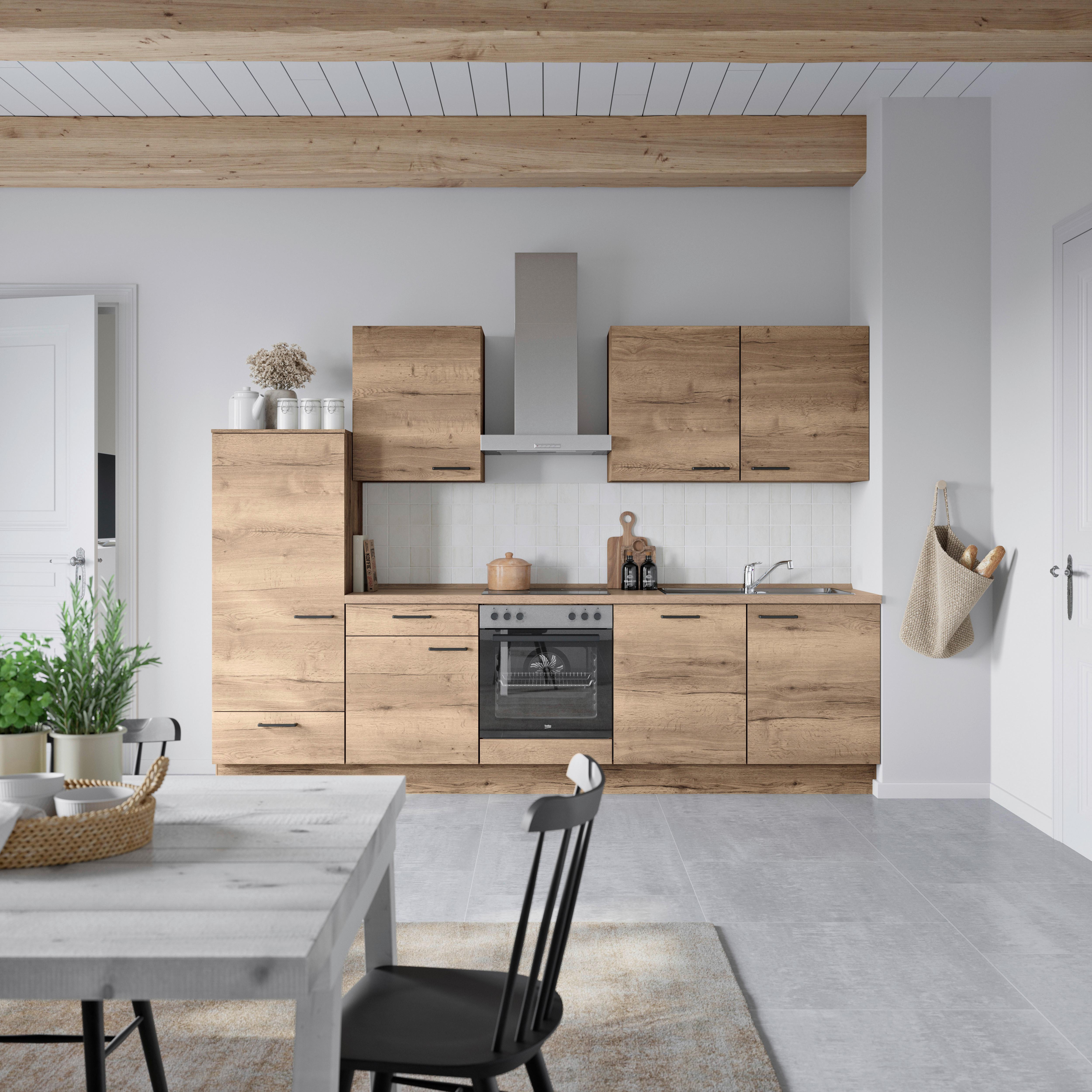 Küchenblock Structura Low m. Geräten Eiche dunkel - Eiche dunkel/Eichefarben, MODERN, Holzwerkstoff/Metall (300cm) - Nobilia