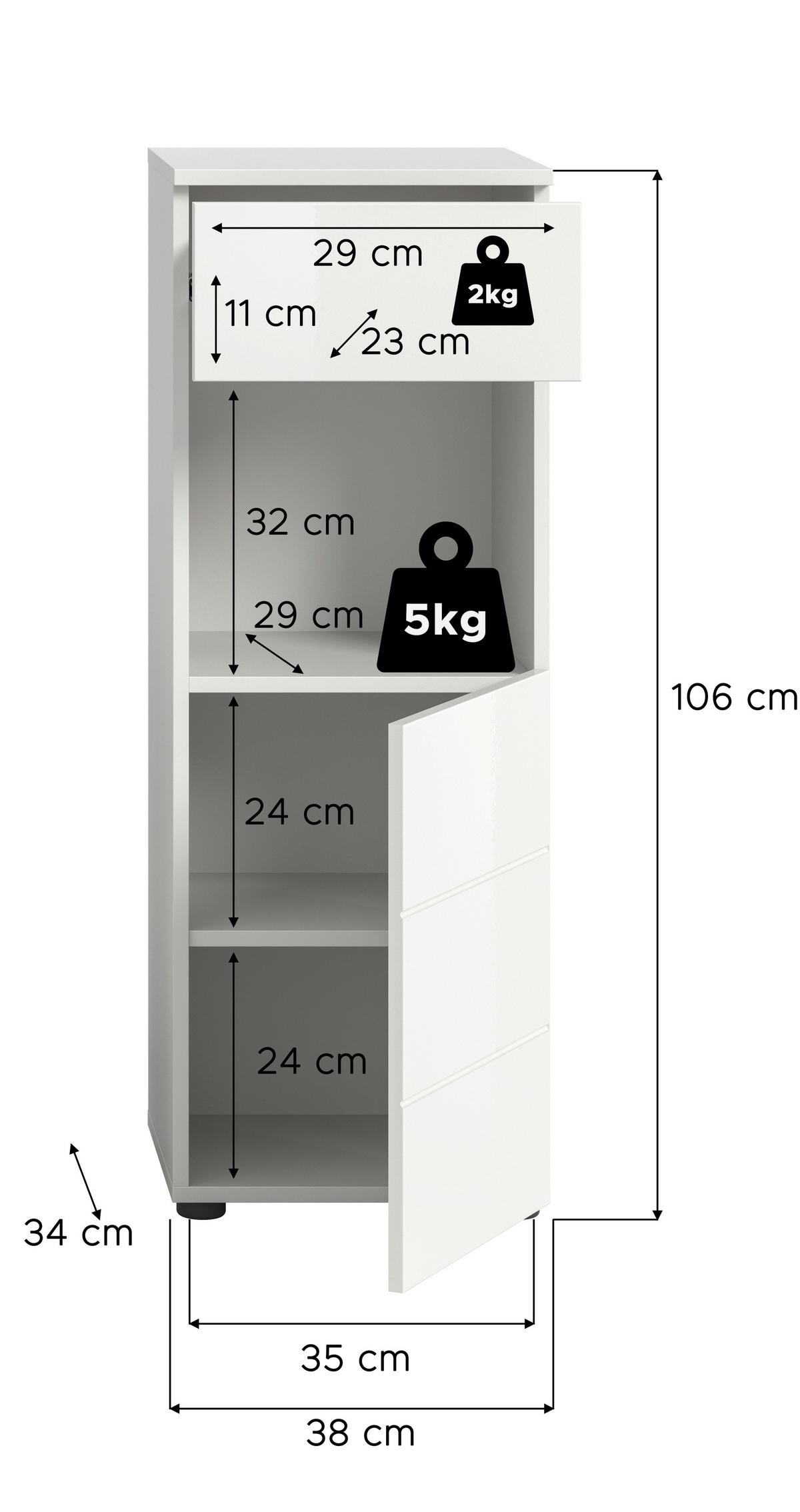 Midischrank Vira ca. 38x106x34 cm Weiß - Weiß Hochglanz/Schwarz, MODERN, Holzwerkstoff (38/106/34cm) - MID.YOU