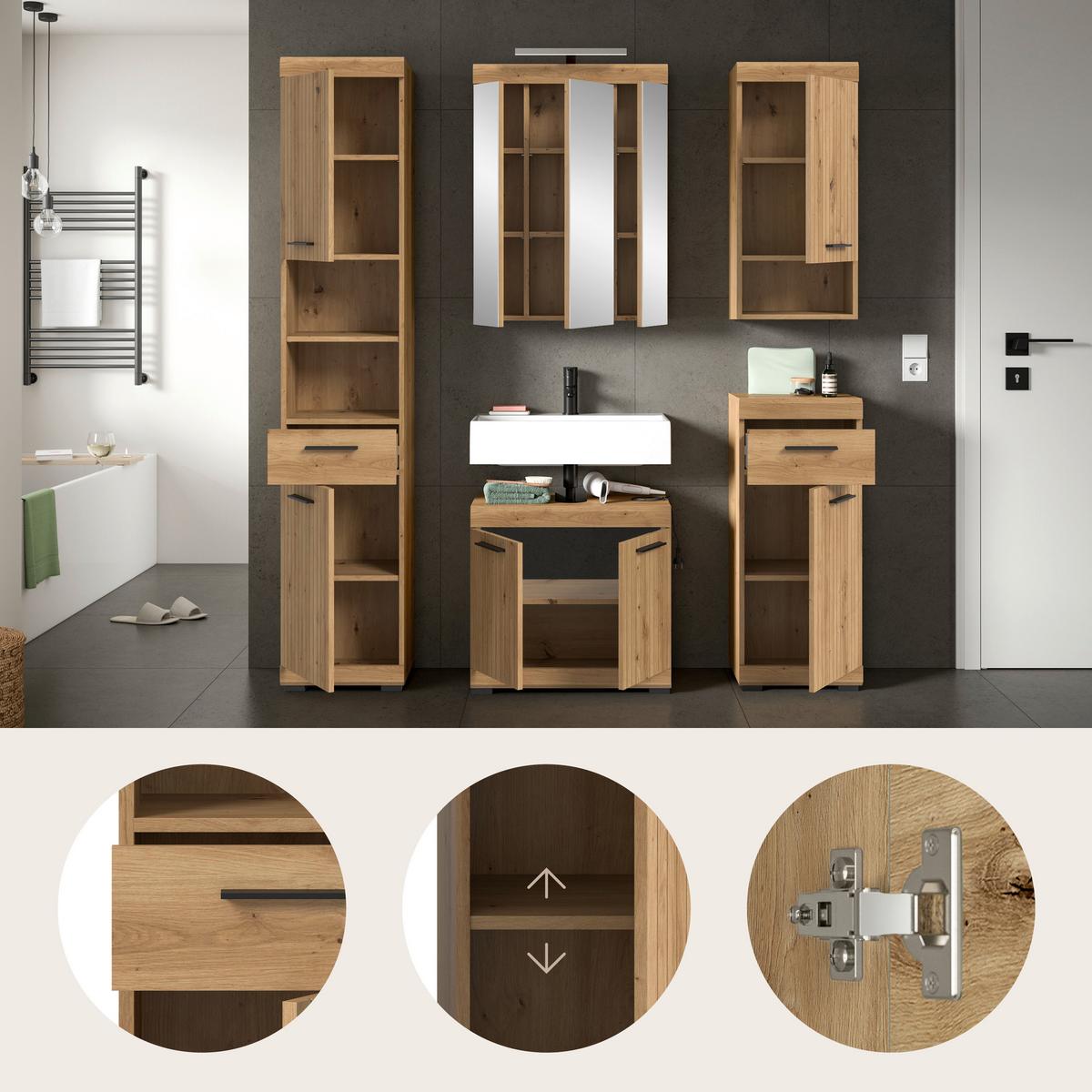 Badezimmer Scout Eiche Artisan 5-teilig - Schwarz/Eiche Artisan, Trend, Glas/Holzwerkstoff (134cm) - MID.YOU