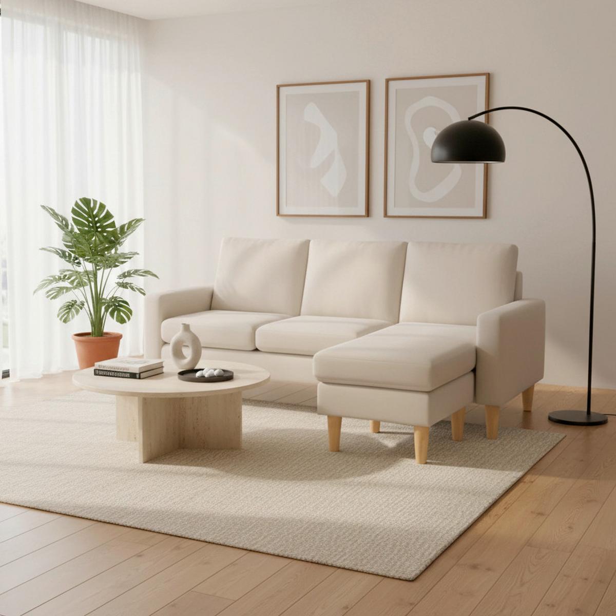 Wohnlandschaft Neomie Hellgrau Webstoff - Hellgrau/Naturfarben, MODERN, Holz/Textil (198/135cm) - Bessagi Home