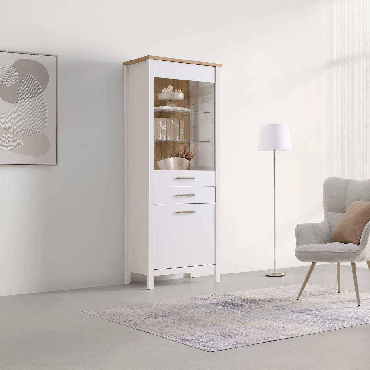 Vitrine Sicilia Weiß/Eiche - Silberfarben/Weiß, ROMANTIK / LANDHAUS, Glas/Holzwerkstoff (80/205/45cm) - Mömax