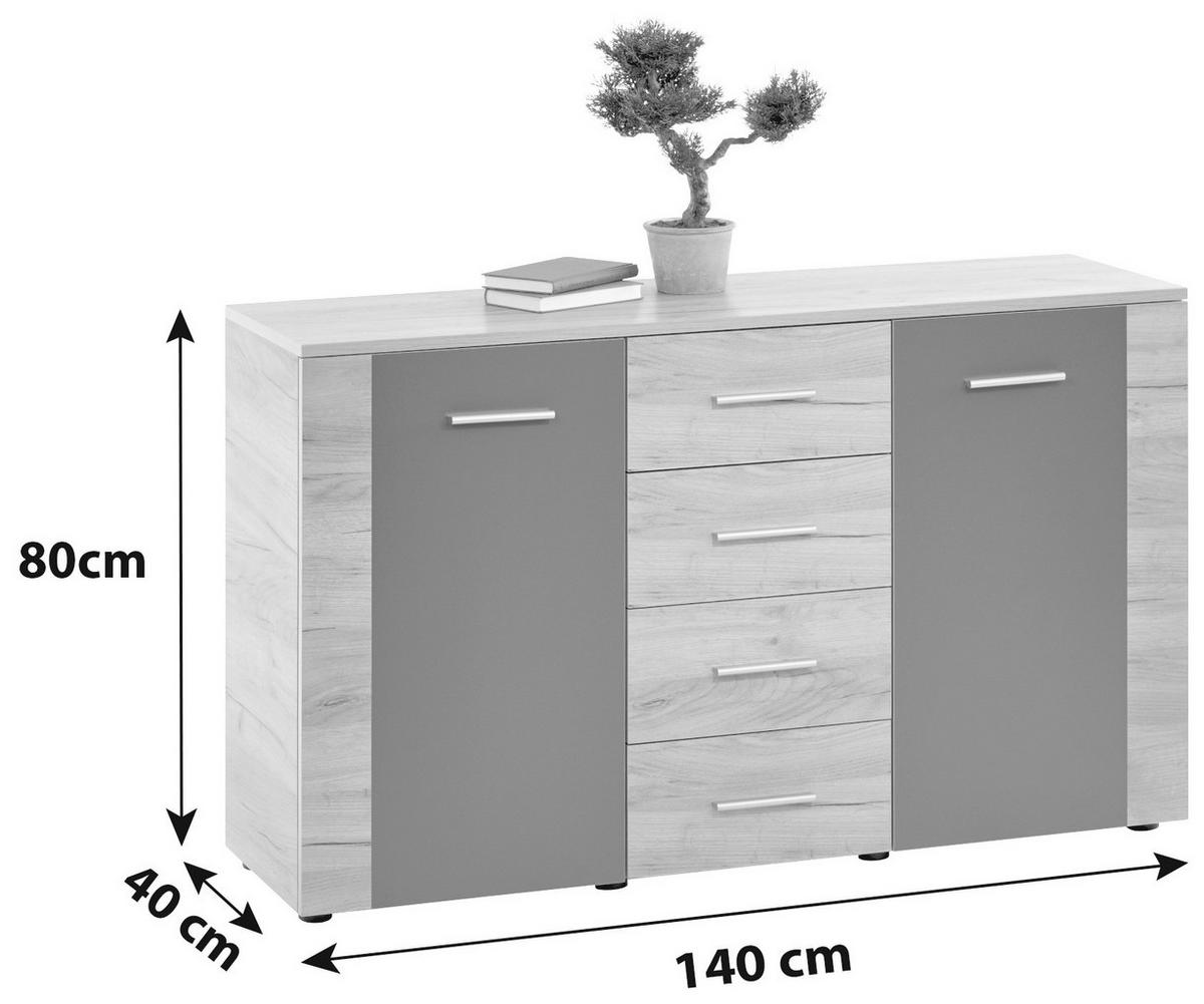 Komoda Uno - siva/barve hrasta, Moderno, leseni material (140/80/40cm) - Mömax