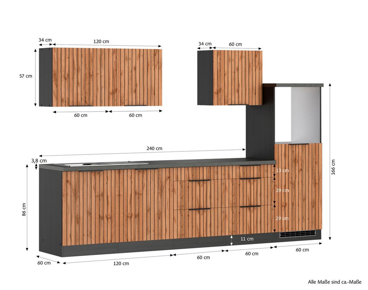 Küchenleerblock Liverpool o. Geräte Graphit/Eichefarben - Schieferfarben/Eiche Wotan, Basics, Holzwerkstoff/Metall (300cm) - Held