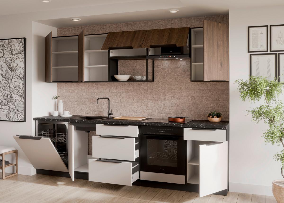 Bucatarie fara electrocasnice ARONA/MONZA - cașmir/culoare lemn de nuc, Modern, metal/material pe bază de lemn (280/210/60cm) - Modern Living