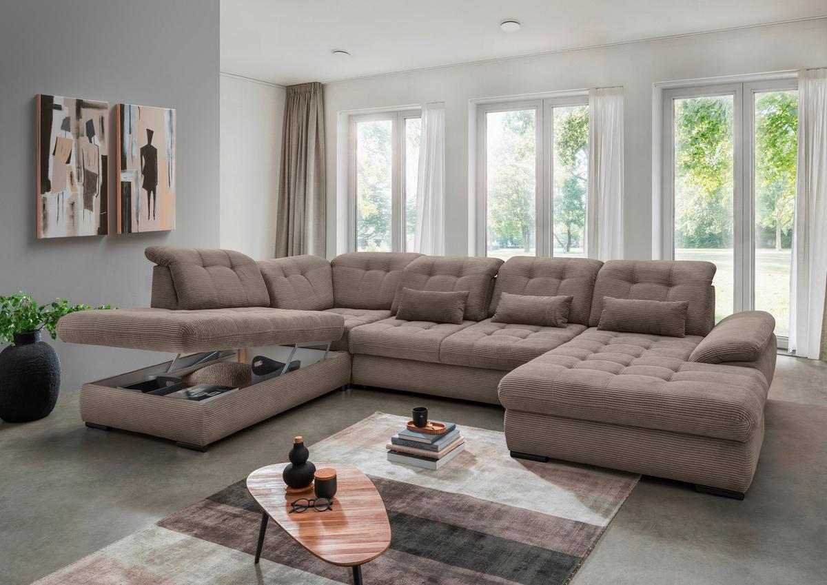 Wohnlandschaft Rigatti Grau- Braun Cord mit Bettkasten - Graubraun/Schwarz, MODERN, Textil/Metall (252/387/184cm) - Livetastic