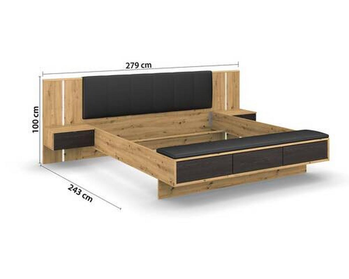 Bettanlage Apollon m. Sitzbank ca. 180x200 cm Schwarz/Eiche - Schwarz/Eiche Artisan, MODERN, Holzwerkstoff/Textil (180/200cm) - Rauch Möbel