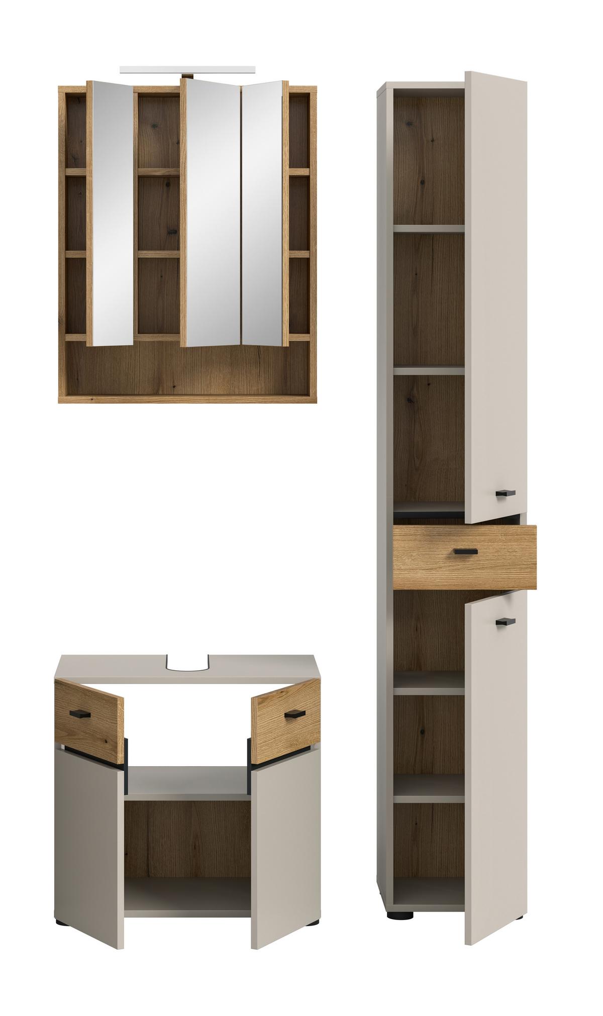Badezimmer Aqua Eichefarben/Kaschmir - Kaschmir/Eichefarben, Trend, Glas/Holzwerkstoff (92cm) - MID.YOU