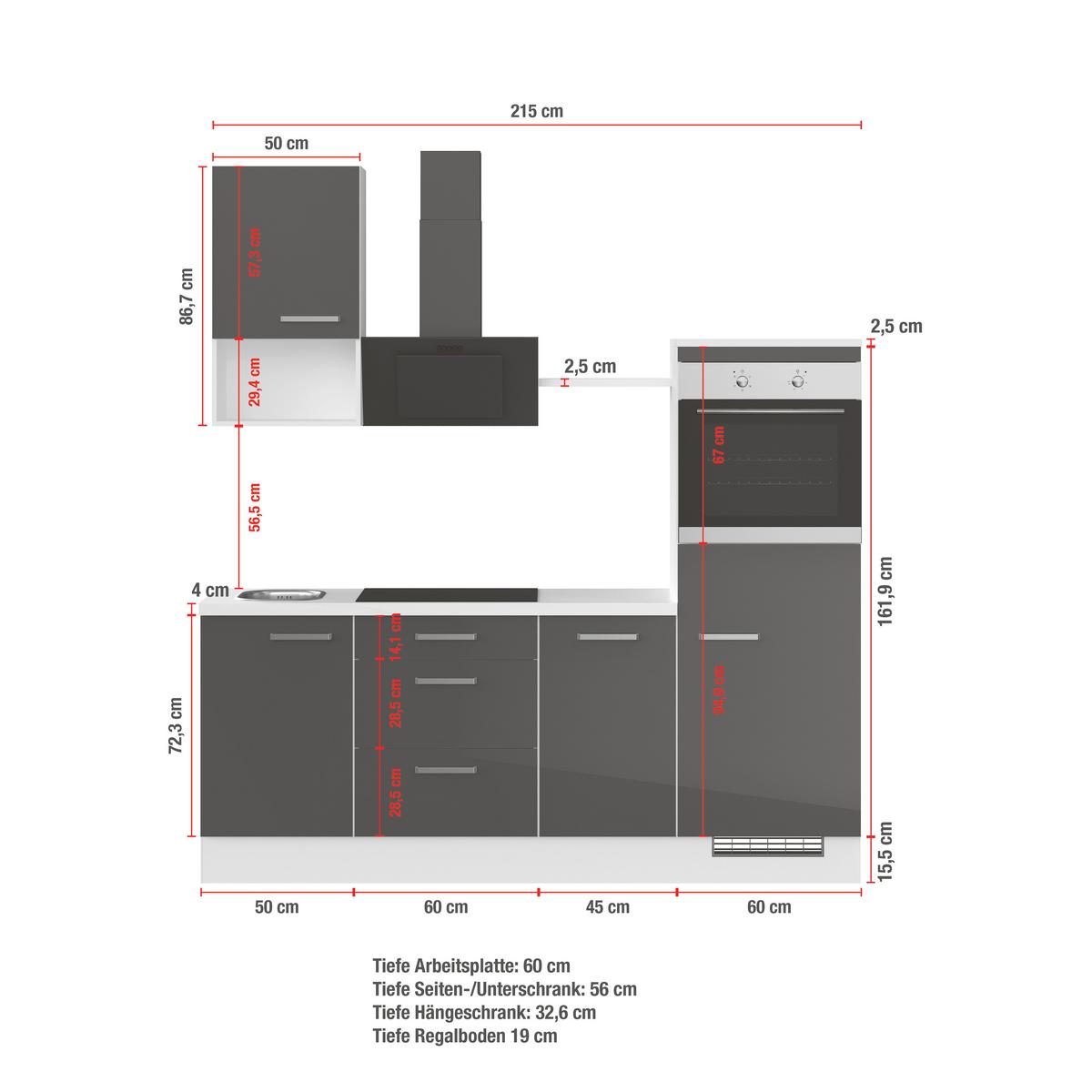 Küchenblock inkl. 5 E-Geräte IP4050 Weiß Hochglanz - Edelstahlfarben/Weiß Hochglanz, Trend, Holzwerkstoff/Metall (215cm) - Impuls