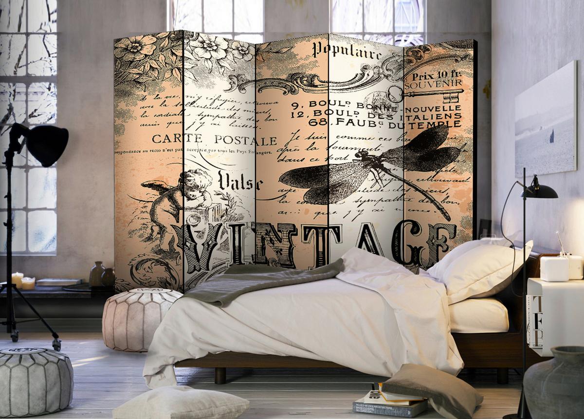 Paravan Vintage I, 5-Delni, Dvostranski - siva/krem barve, Basics, tekstil/les (225/172/3cm) - artgeist