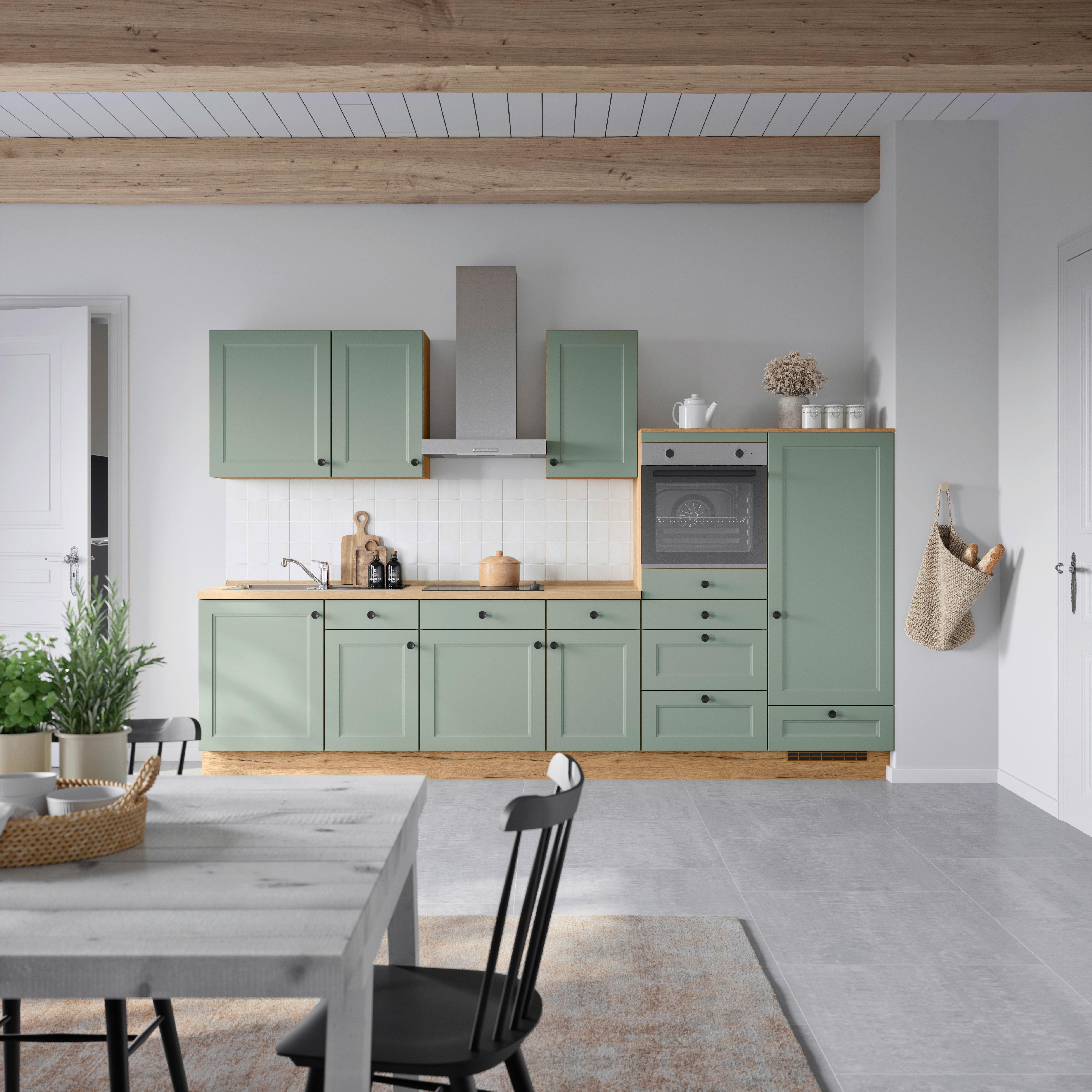 Küchenblock Cascada Low m. Geräten Schilfgrün - Schilfgrün/Eichefarben, MODERN, Holzwerkstoff/Metall (330cm) - Nobilia