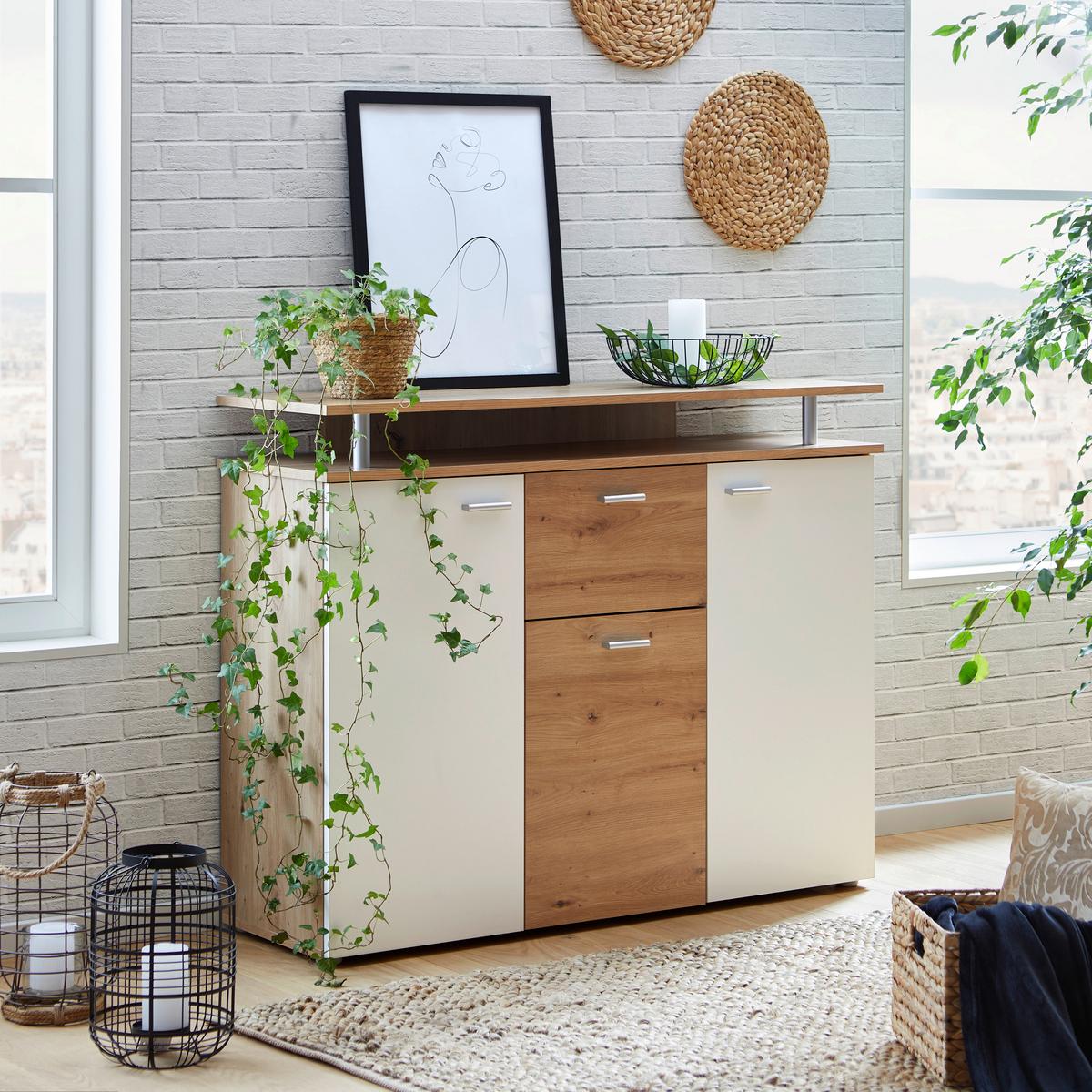 Komoda Leon, Bela, Barva Hrasta - bela/barve aluminija, Moderno, umetna masa/leseni material (117/92,3/38cm) - Mömax