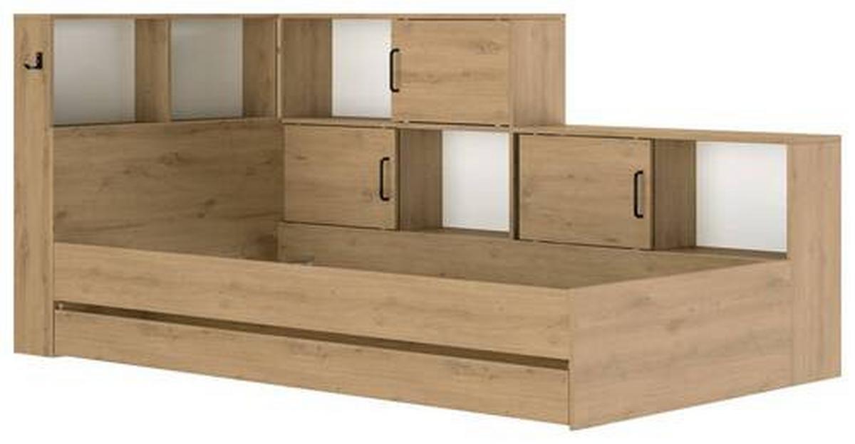 Postelja S Predalom Erwan, Barva Hrasta, 90x200cm - bela/hrast artisan, Moderno, leseni material (90/200cm) - MID.YOU