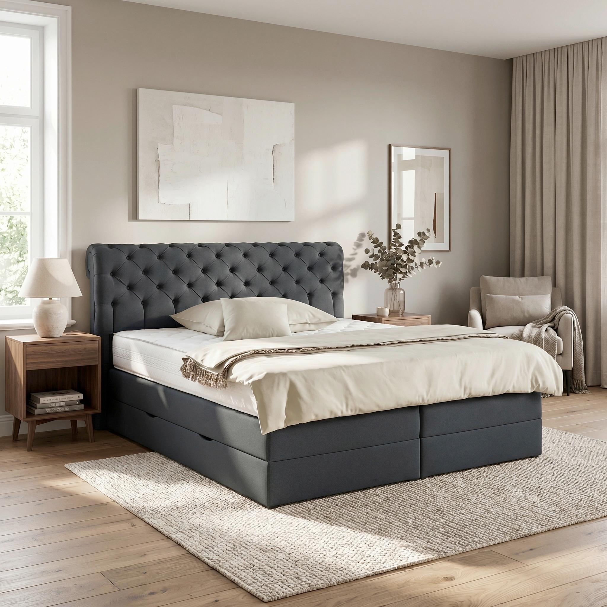 Boxspringbett Belano Schwarz ca. 200x200cm - Schwarz, KONVENTIONELL, Holz/Holzwerkstoff (200/200cm) - Premium Living