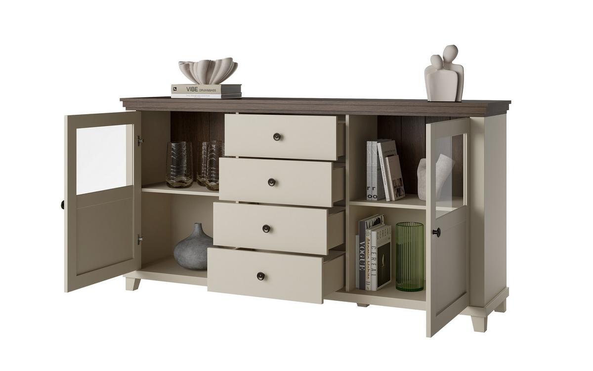 Tálalószekrény Evora - kasmírszínű/tölgyfa színű, Design, faalapú anyag/üveg (181/93/42cm)