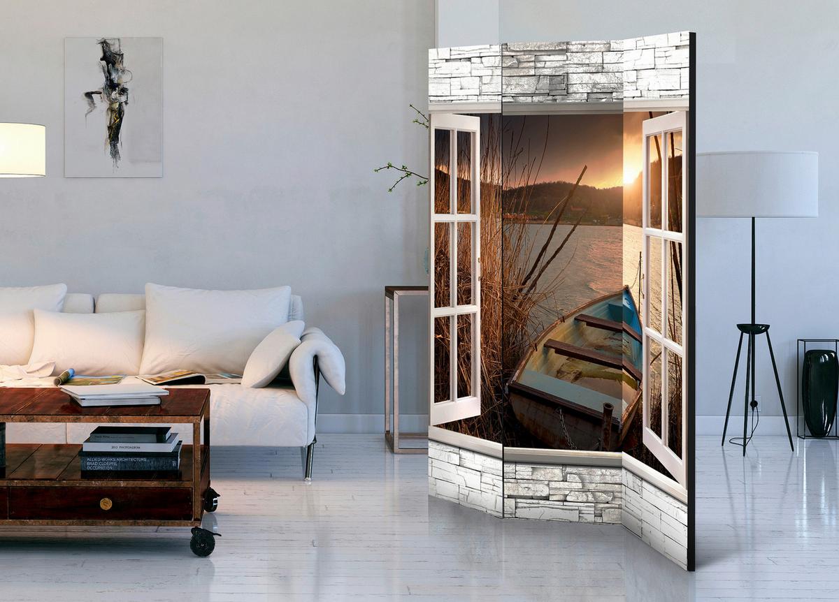 Paravan Autumnal Lake, 3-Delni, Dvostranski - bela/barve konjaka, Basics, tekstil/les (135/172/3cm) - artgeist