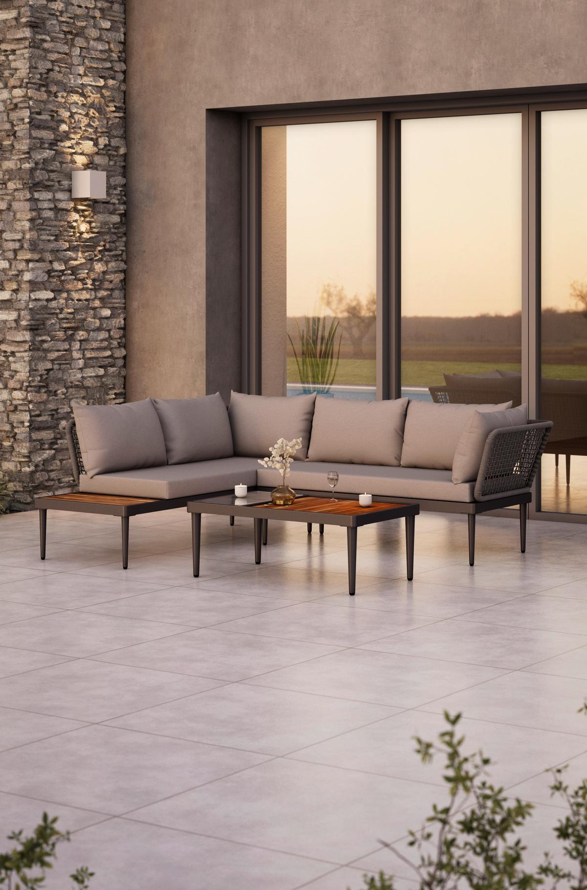 Lounge Garnitura Basel, Siva, Akacija, 3-Delno - siva/naravne barve, Moderno, kovina/steklo (186/150cm) - Beldano