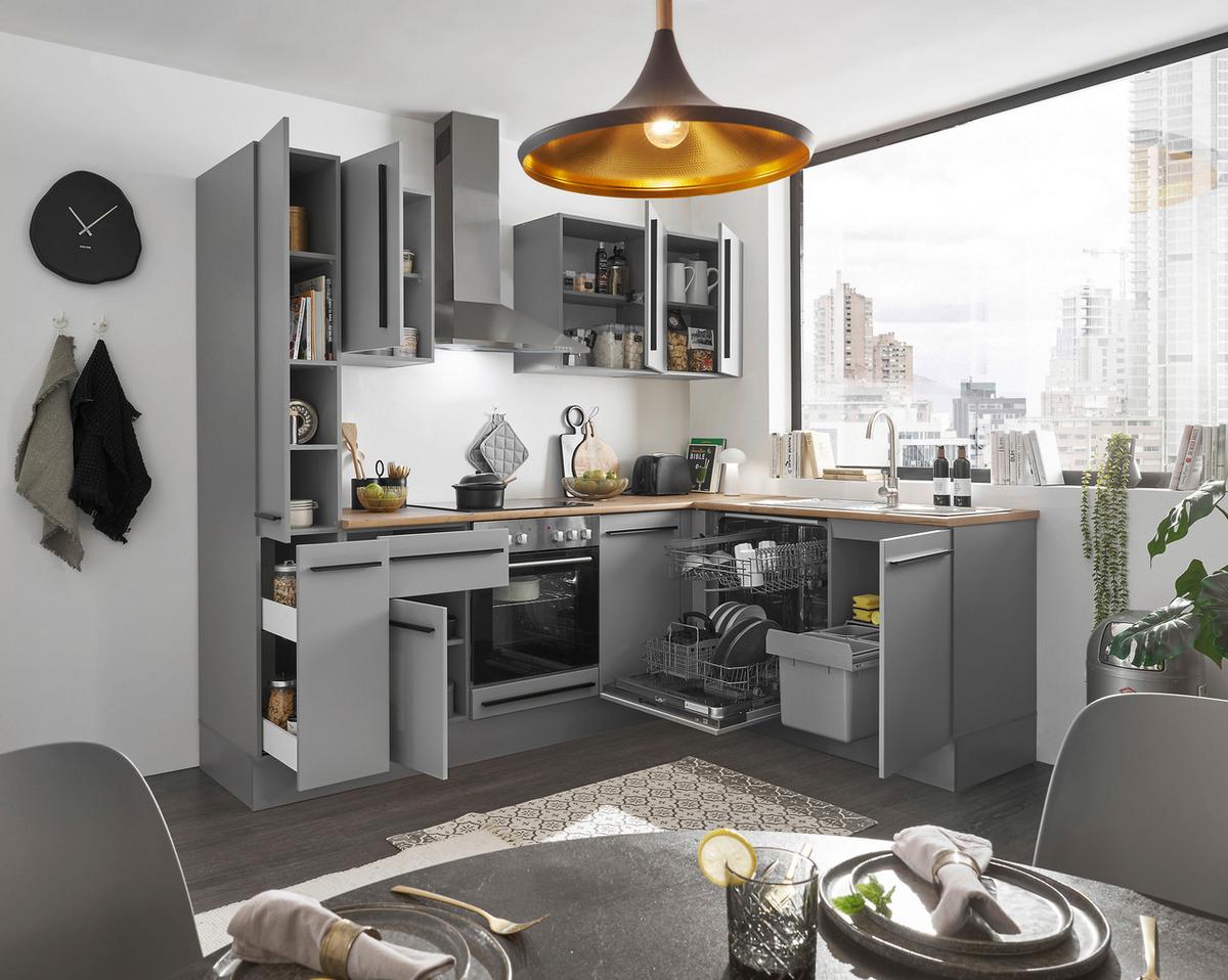 Eckküche Denver mit Geräten ca. 250x175 cm Grau/Eiche - Eichefarben/Schwarz, Design, Holzwerkstoff/Kunststoff (250/175cm) - P & B