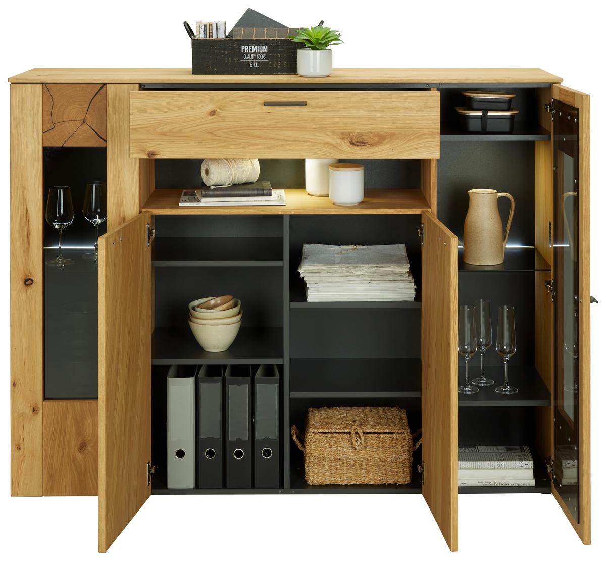 Highboard in Eichefarben - Eichefarben/Schwarz, Modern, Glas/Holzwerkstoff (154/130/41cm) - Premium Living