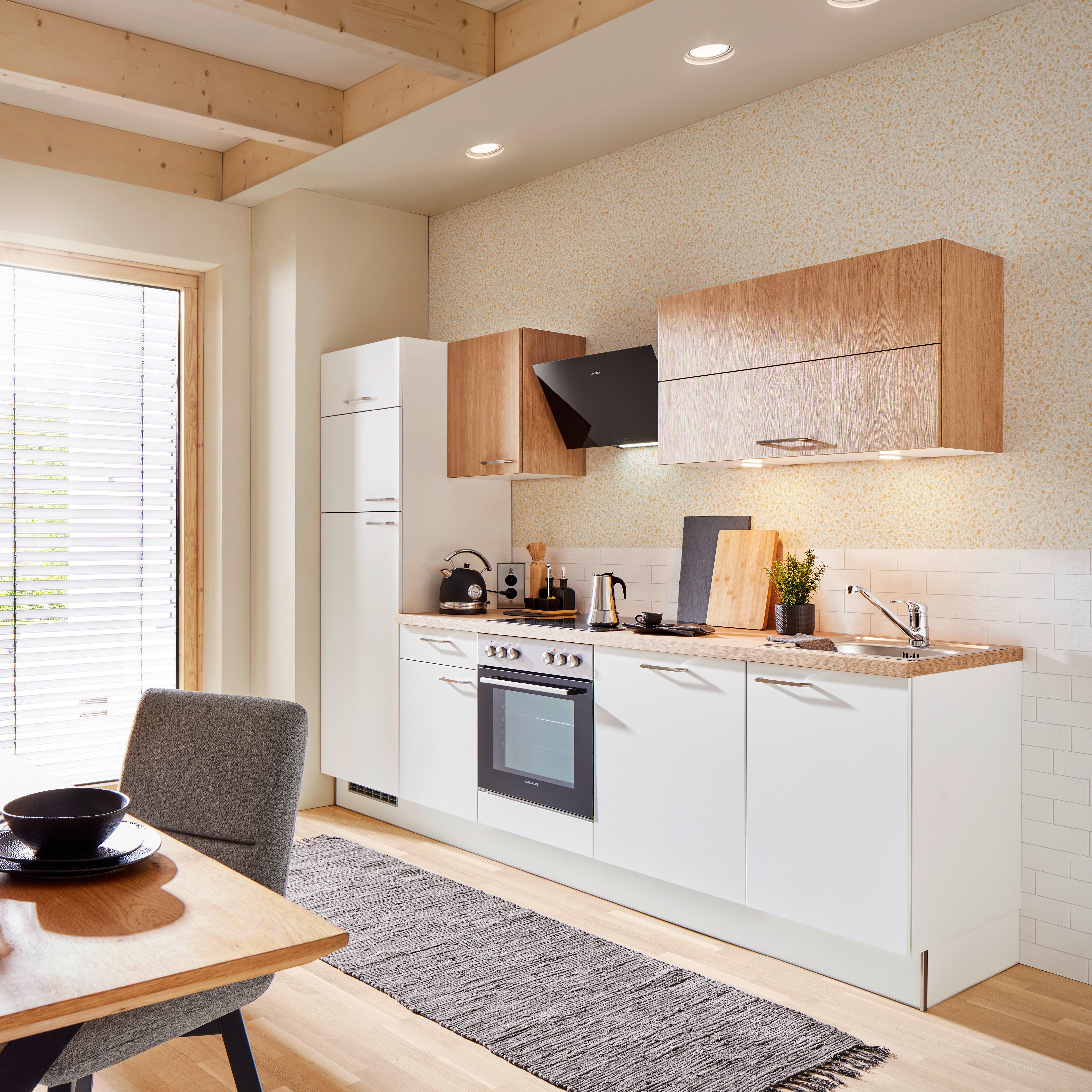 Küchenblock inkl. 4 E-Geräte PN 80/100 Weiß - Edelstahlfarben/Eichefarben, MODERN, Holzwerkstoff/Metall (280cm) - Pino