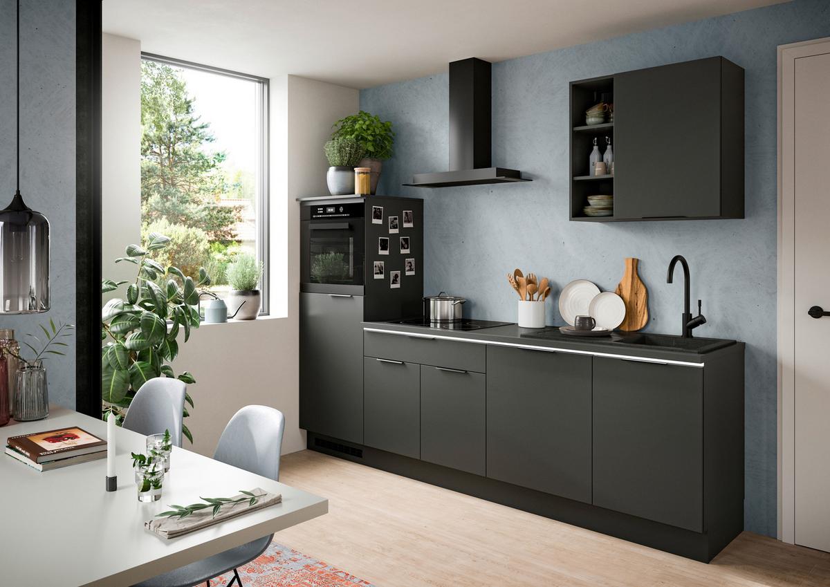 Küchenblock Charly ohne Geräte ca. 260 cm Schwarz mit LED - Schwarz, MODERN, Holzwerkstoff/Metall (260cm) - MID.YOU