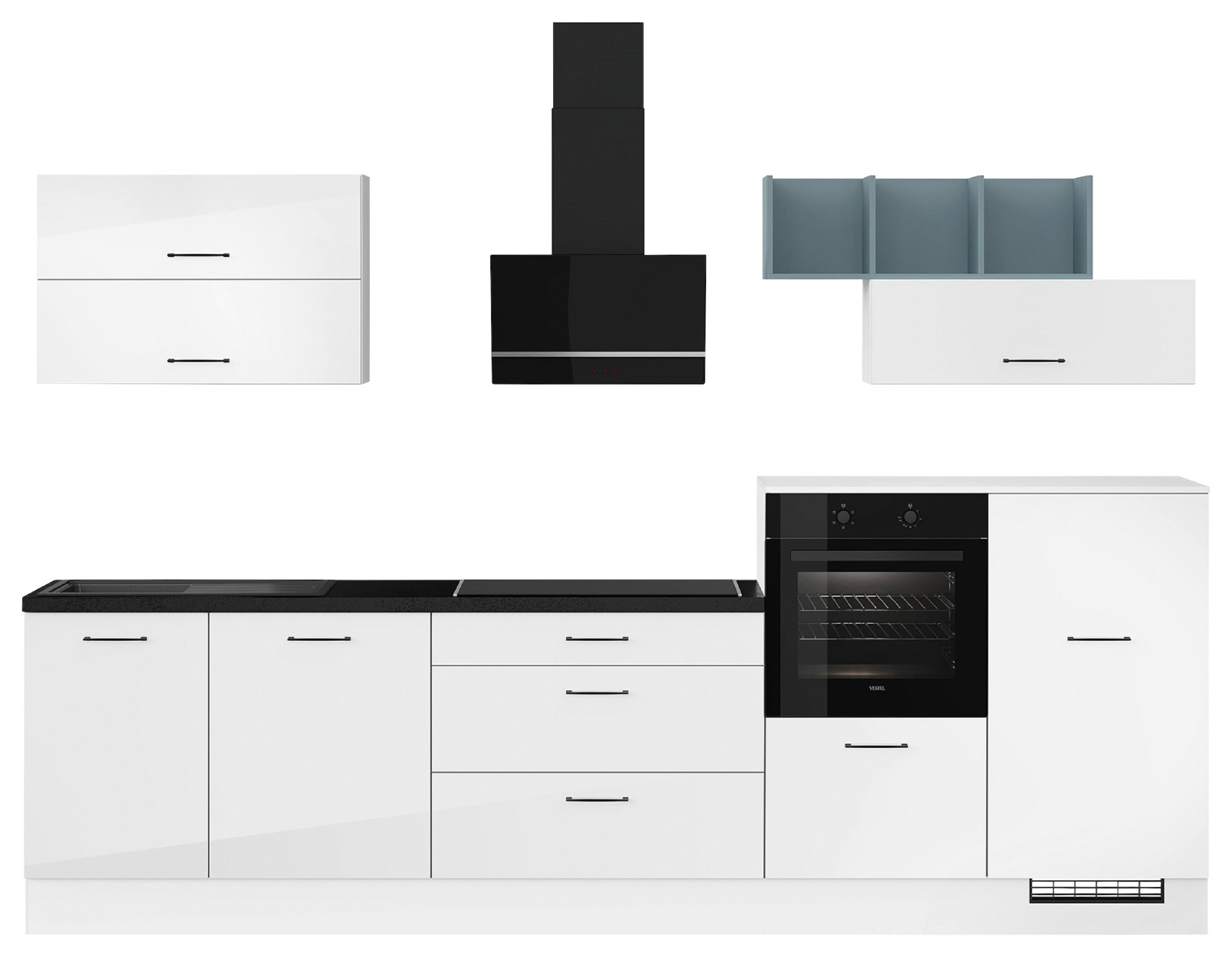 Küchenblock IBZ ohne Geräte ca. 320 cm Weiß Hochglanz - Weiß Hochglanz/Schwarz, Design, Holzwerkstoff/Metall (320cm) - Impuls