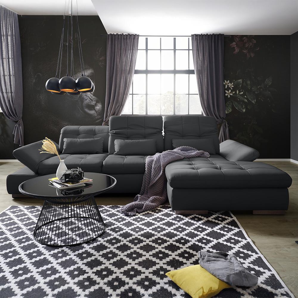 Wohnlandschaft Sanfino Leder Schwarz - Chromfarben/Schwarz, KONVENTIONELL, Leder/Metall (305/79-96/199cm) - Premium Living