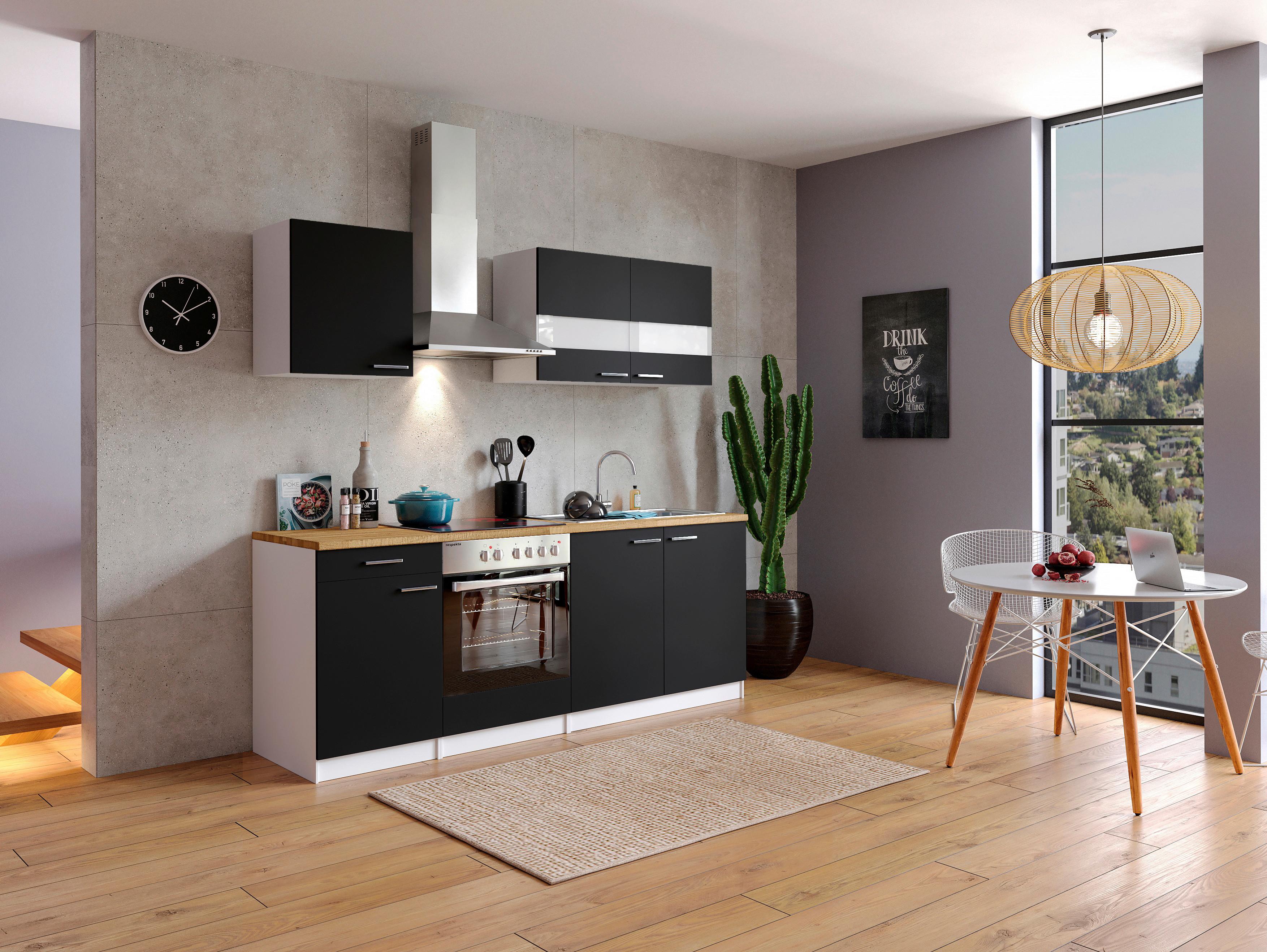 Küchenzeile Economy m. Geräten Schwarz/Nussbaum B: ca. 210 cm - Edelstahlfarben/Nussbaumfarben, Basics, Holzwerkstoff/Metall (210cm) - Respekta