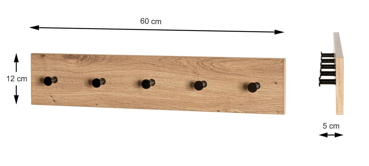 LISTWA Z WIESZAKAMI PARMA - kolor dębowy/czarny, Basics, materiał drewnopochodny/metal (60/12/5cm)