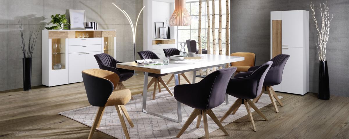 Highboard aus Eiche teilmassiv - Weiss/Edelstahlfarben, Modern, Glas/Holzwerkstoff (180/132/40cm) - Premium Living