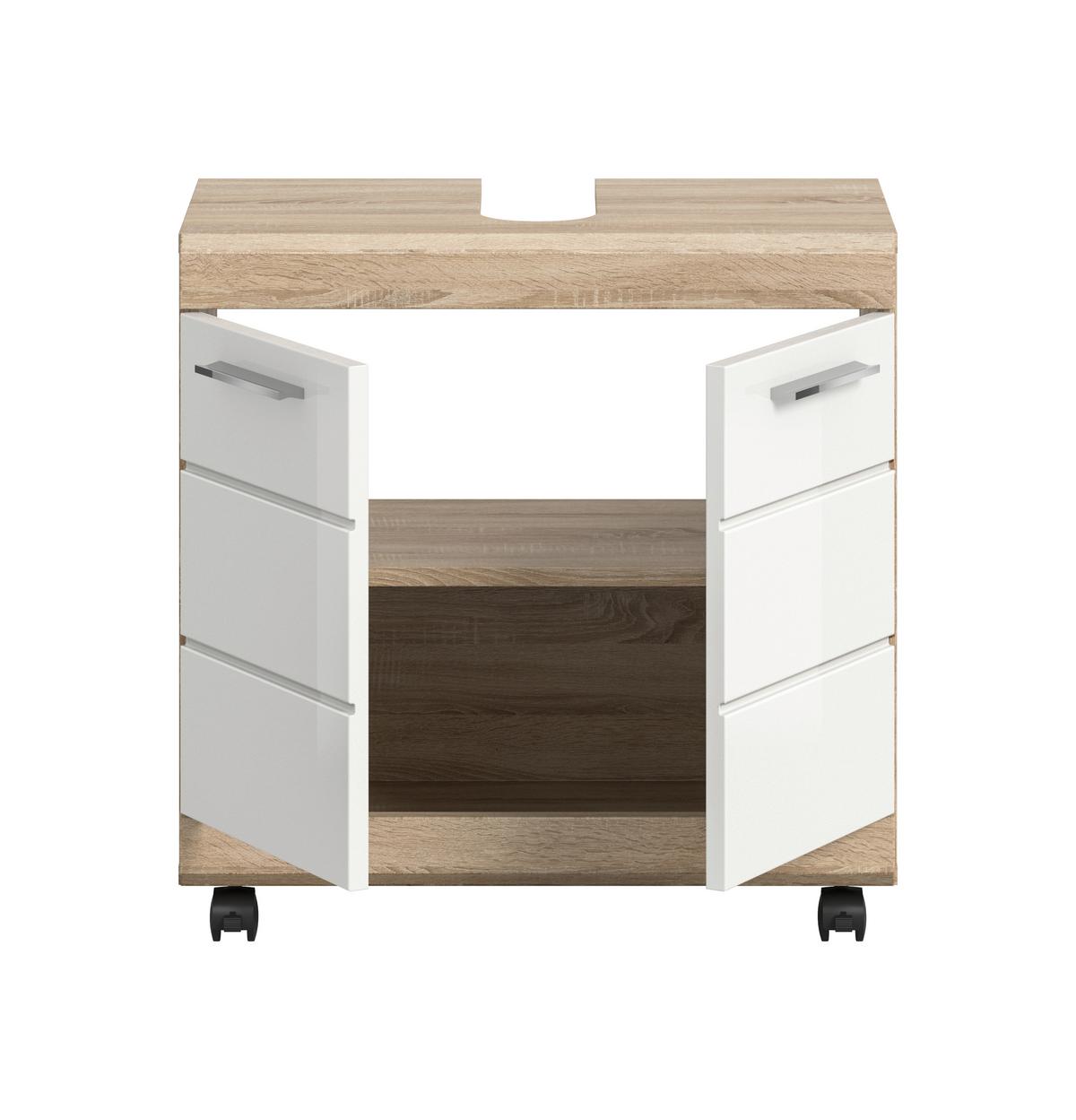 Waschbeckenunterschrank Lambada Weiß HG/Sonoma Eiche - Weiß Hochglanz/Silberfarben, Trend, Holzwerkstoff/Kunststoff (60/60/34cm) - MID.YOU