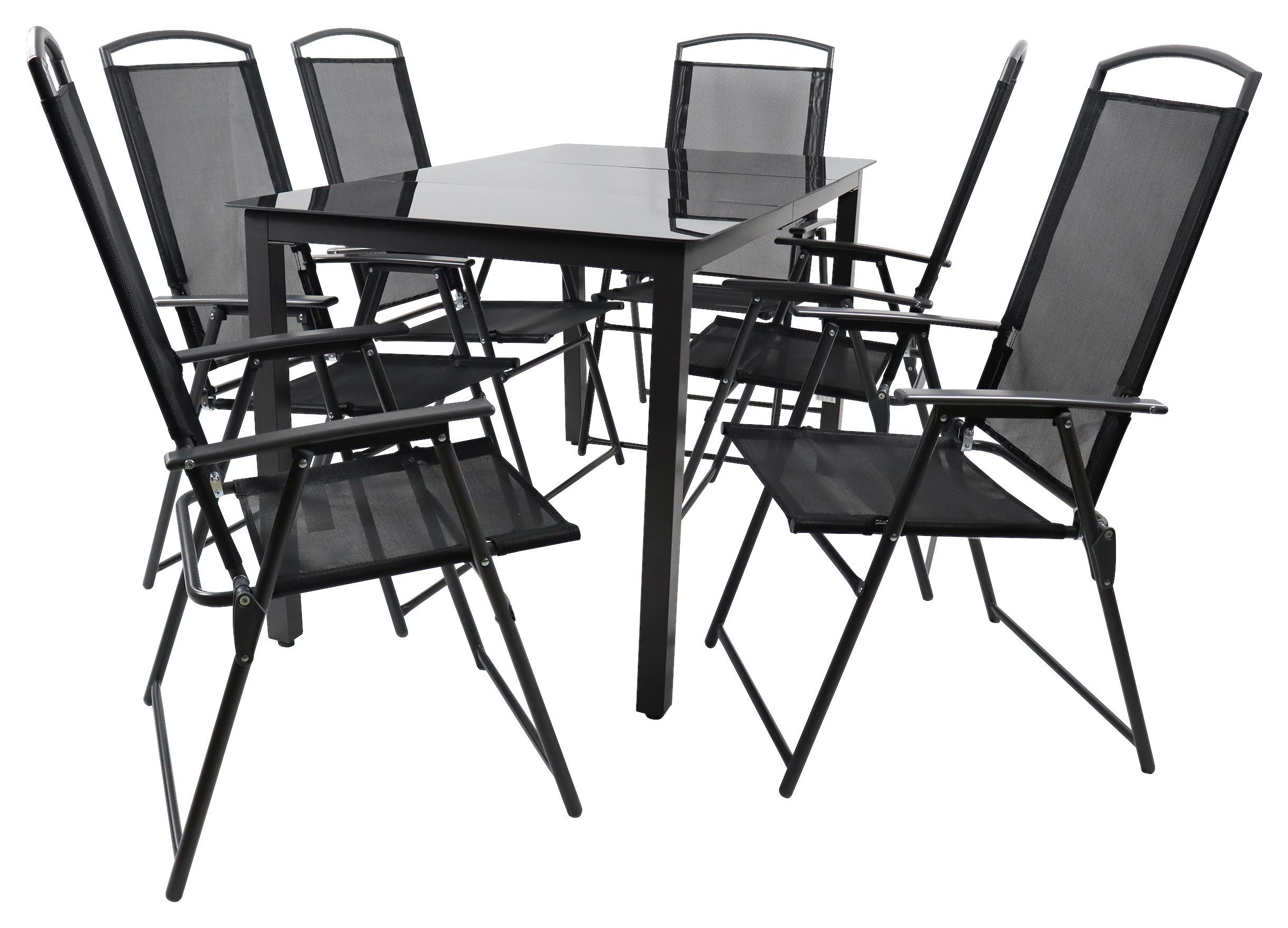 Gartentischgruppe Schwarz 7-teilig - Anthrazit/Schwarz, Basics, Glas/Textil - Gardenson