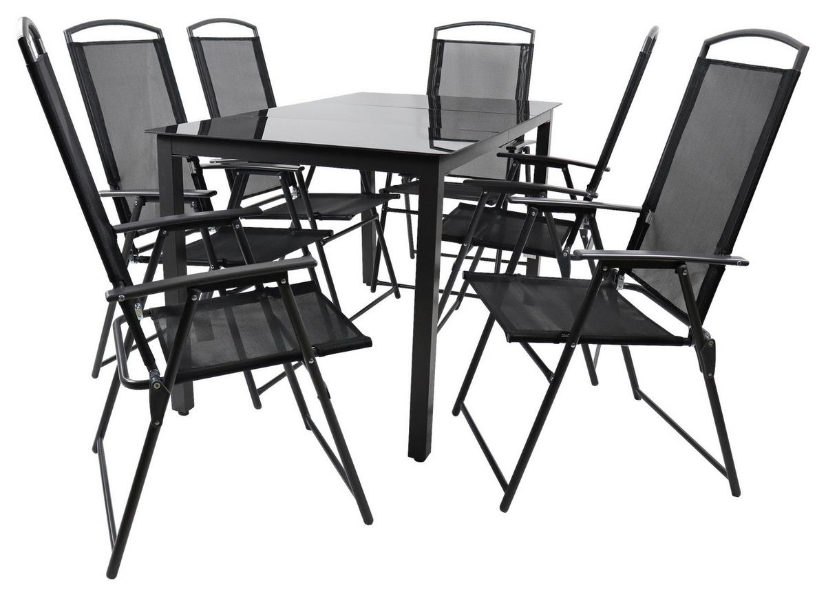 Gartentischgruppe Schwarz 7-teilig - Anthrazit/Schwarz, Basics, Glas/Textil - Gardenson