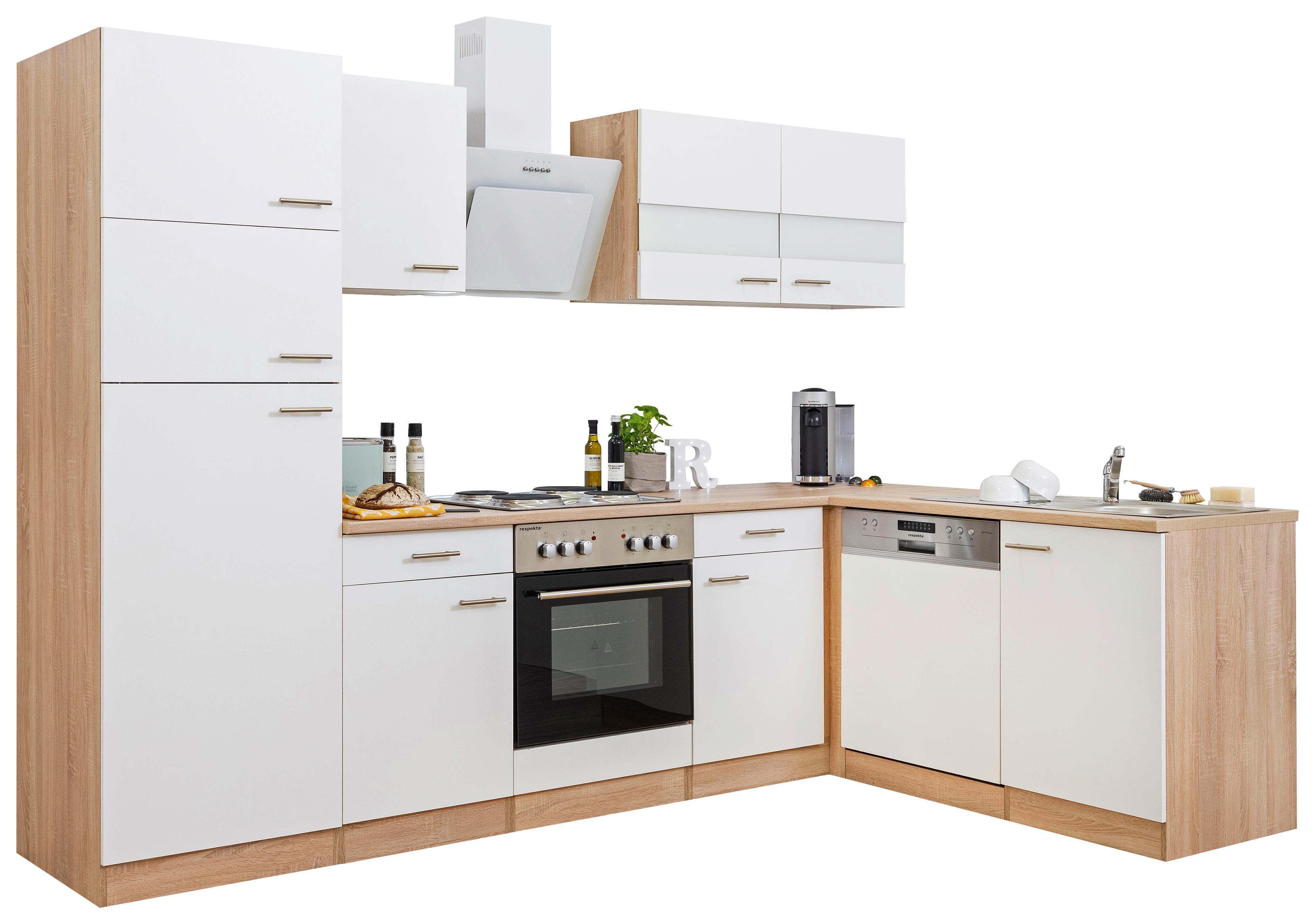 Eckküche Economy Weiß/Eiche mit Geräte ca. 172x280 cm - Eichefarben/Eschefarben, Basics, Glas/Holzwerkstoff (280/172cm) - Respekta