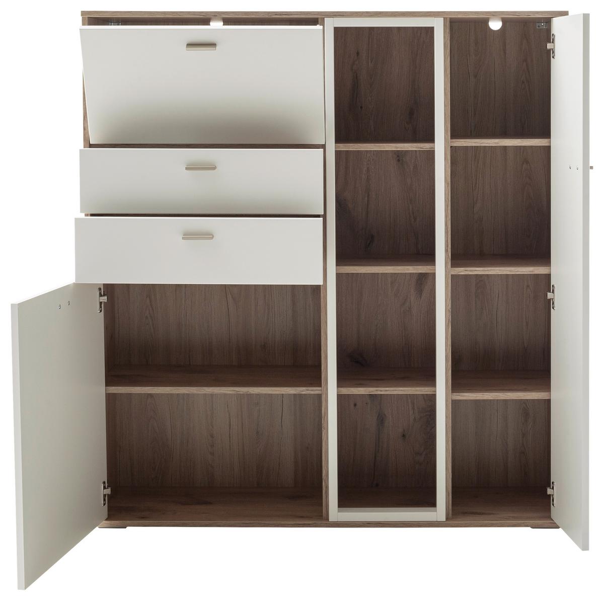 Highboard Santerno Weiß/Eichefarben - Weiss/Eichefarben, Konventionell, Holzwerkstoff/Metall (124/133/37cm) - Mömax