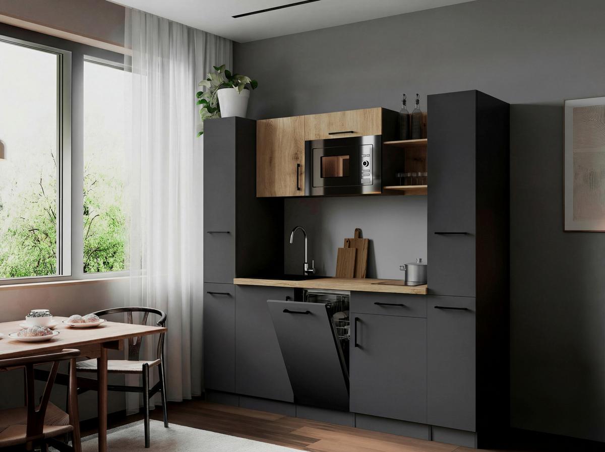 Küchenblock Oliver m. Geräten Grau - Eiche Artisan/Grau, Trend, Holzwerkstoff/Metall (205cm) - Respekta